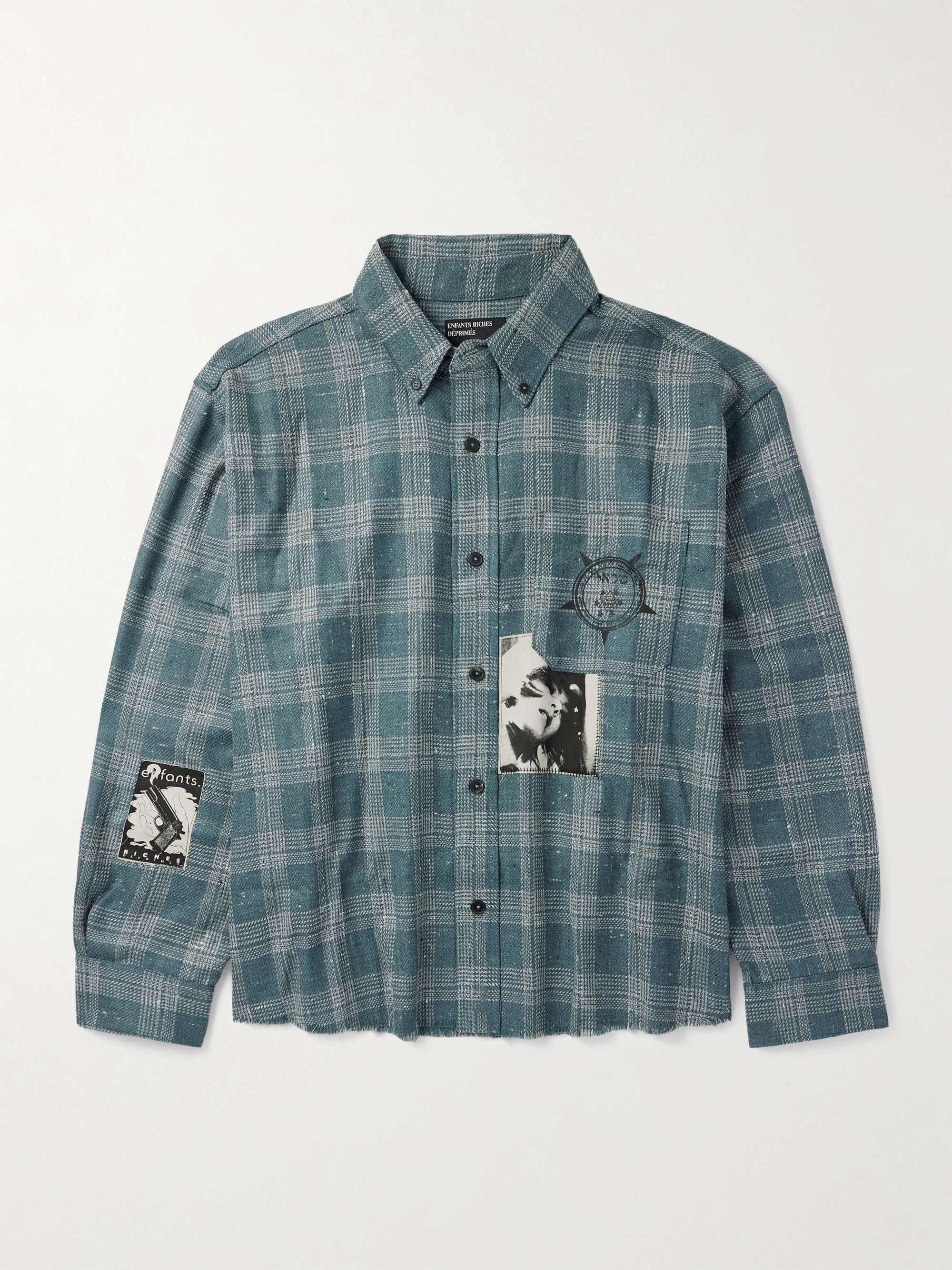 Button-Down Collar Frayed Appliquéd Printed Wool and Silk-Blend Flannel Shirt view