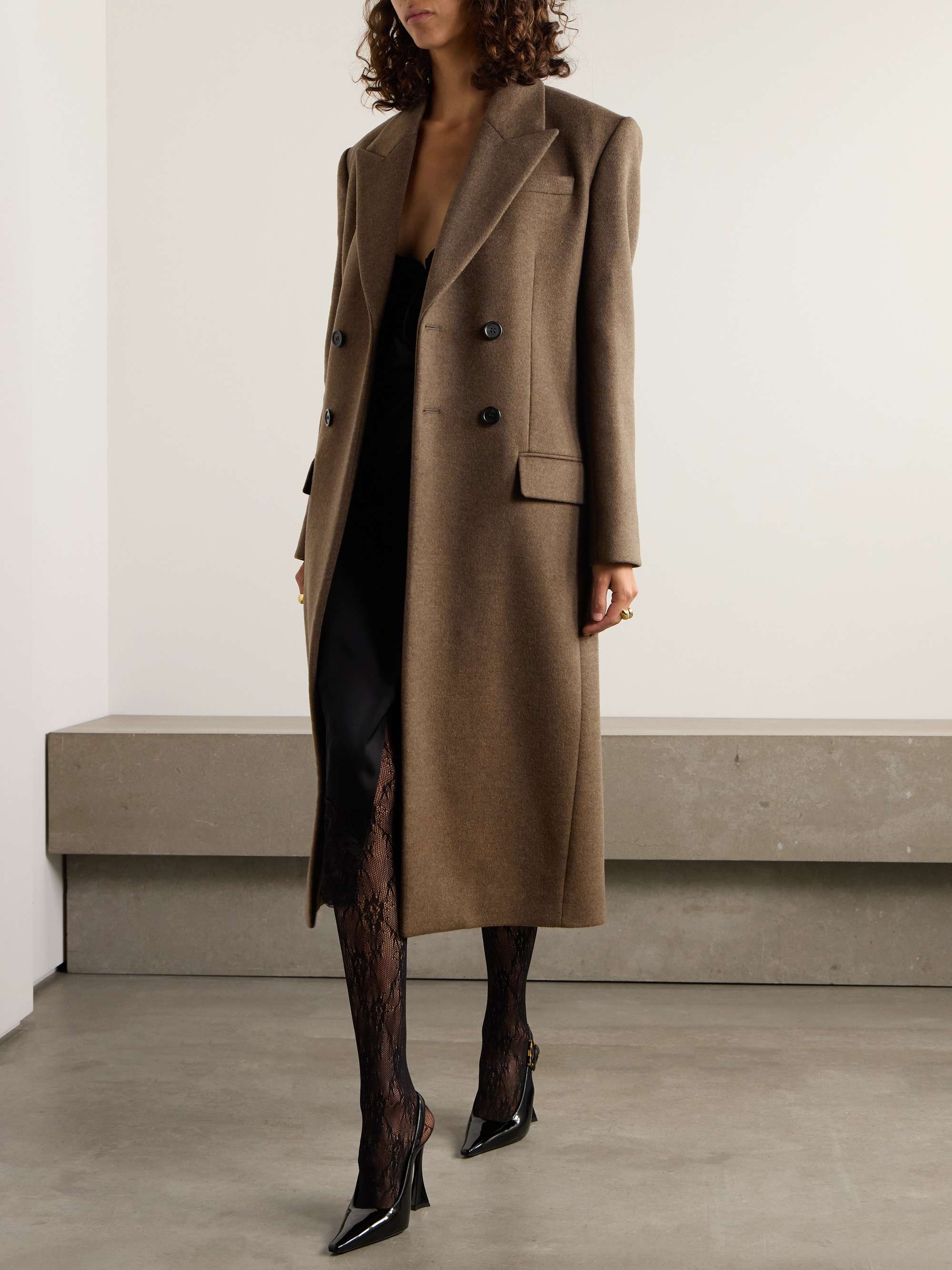 Double-breasted brushed wool and cashmere-blend coat view