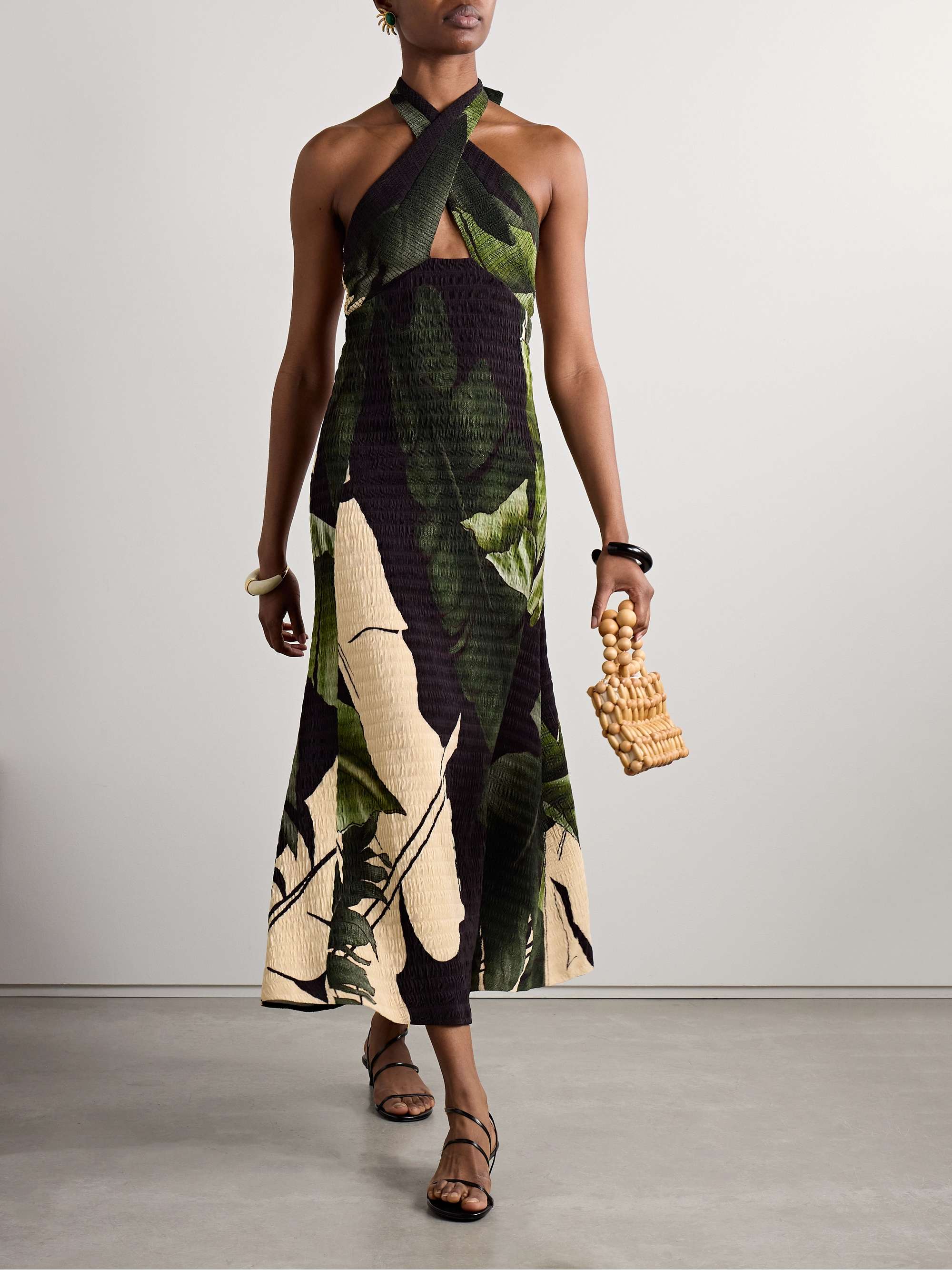 Elegant Expedition printed plissé-satin halterneck midi dress view
