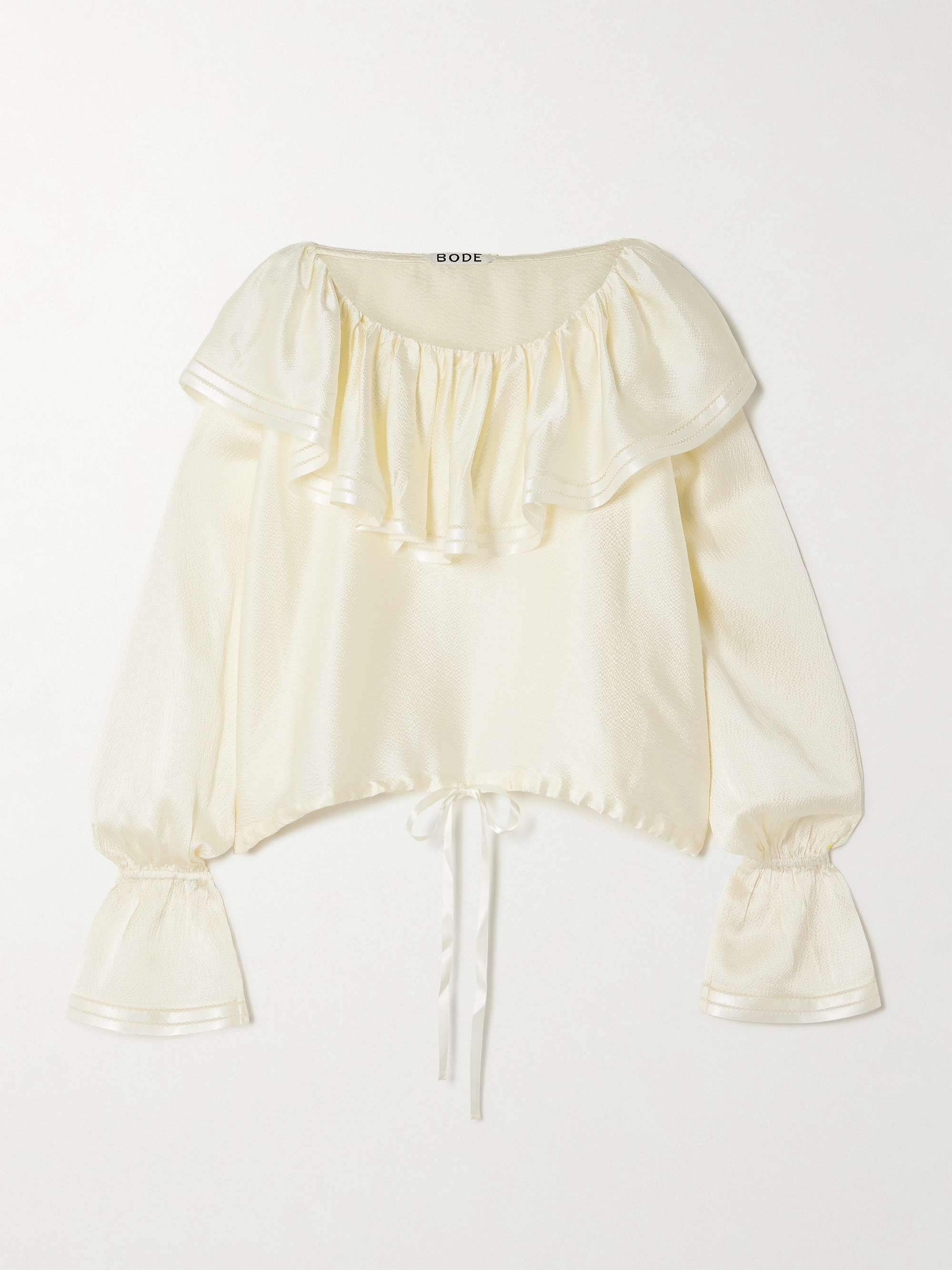 Claret off-the-shoulder ruffled pointelle-trimmed hammered-silk blouse view