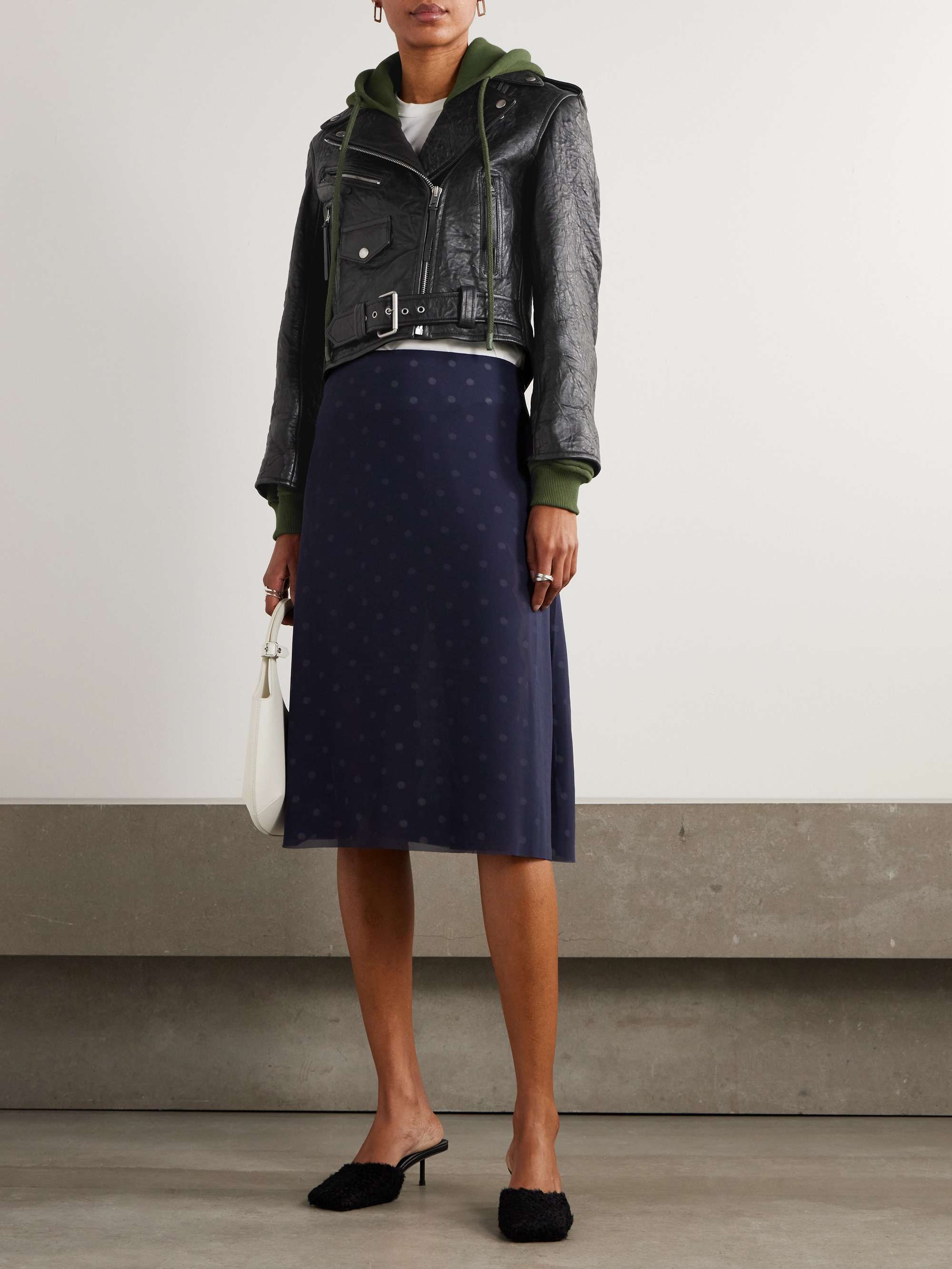 Layered textured-leather and organic cotton-jersey biker jacket view