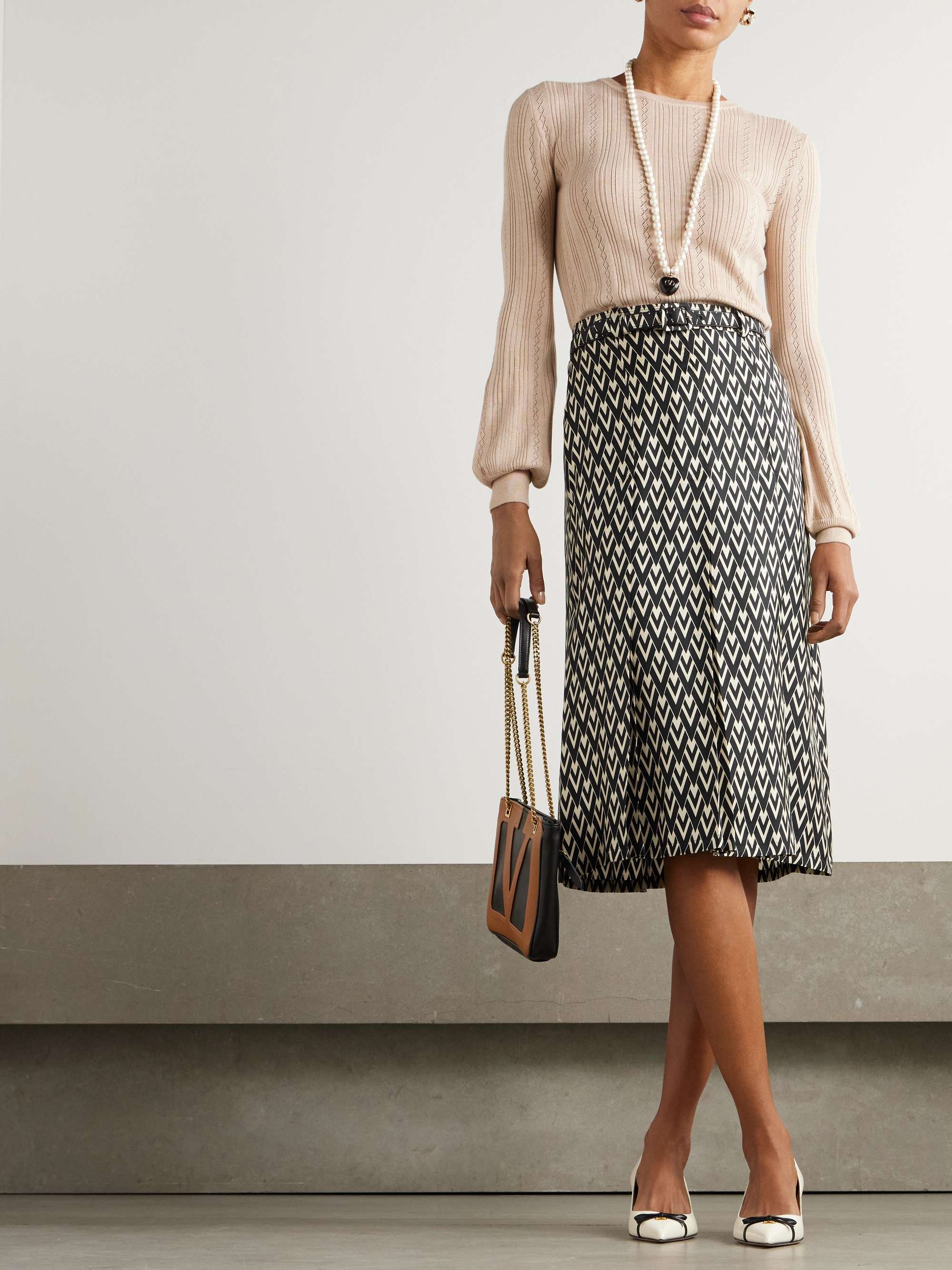 Belted pleated printed silk-twill midi skirt view