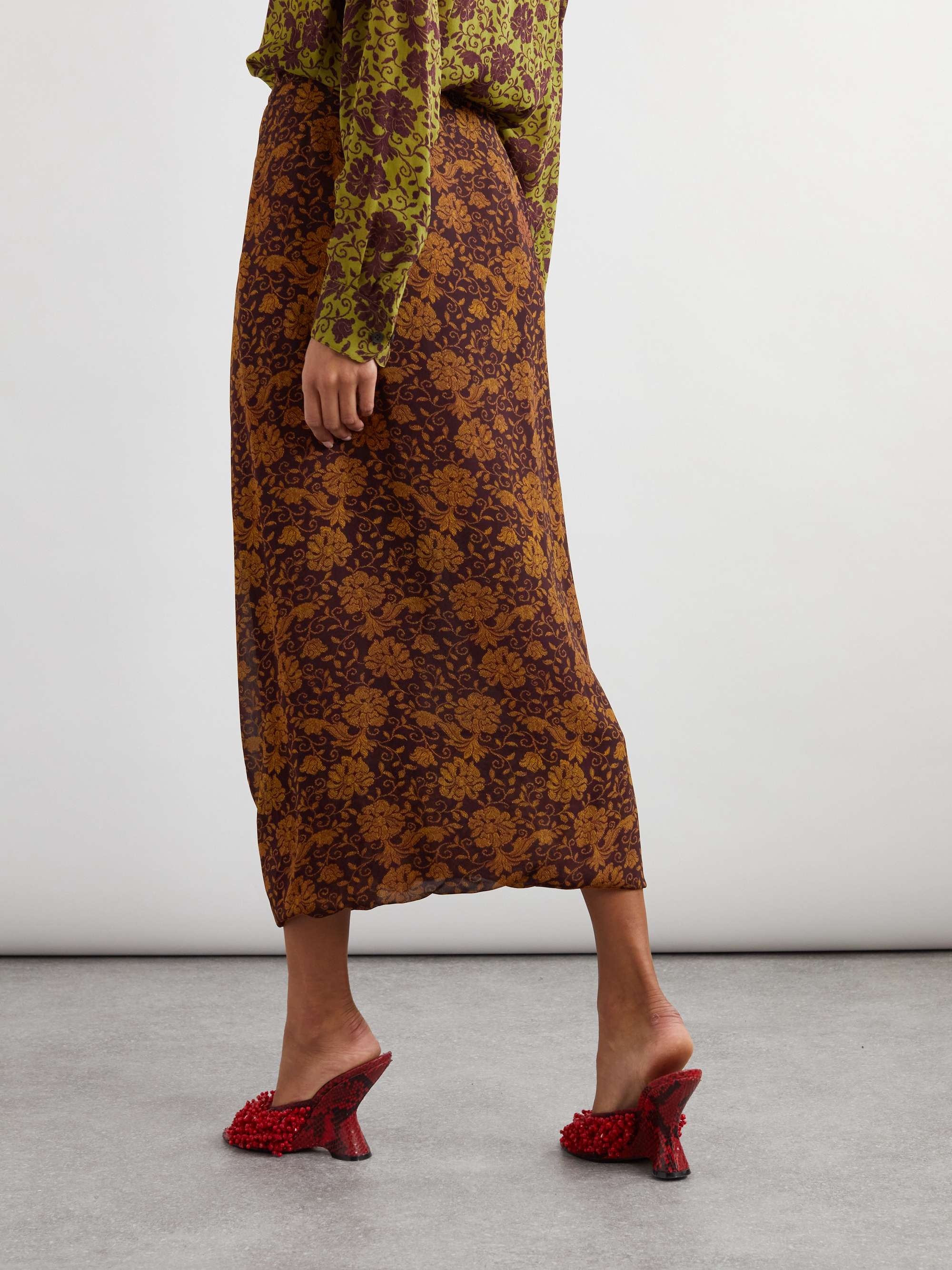 Floral-print chiffon midi skirt view