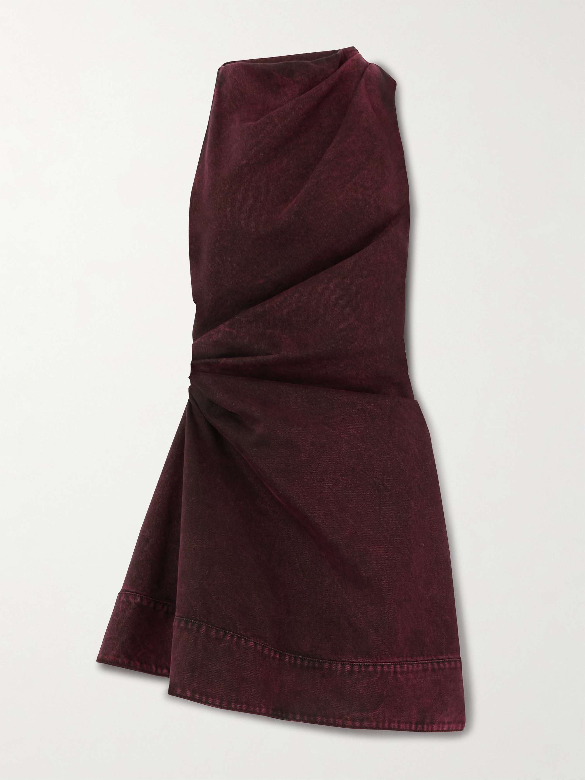 Gathered asymmetric denim mini dress view