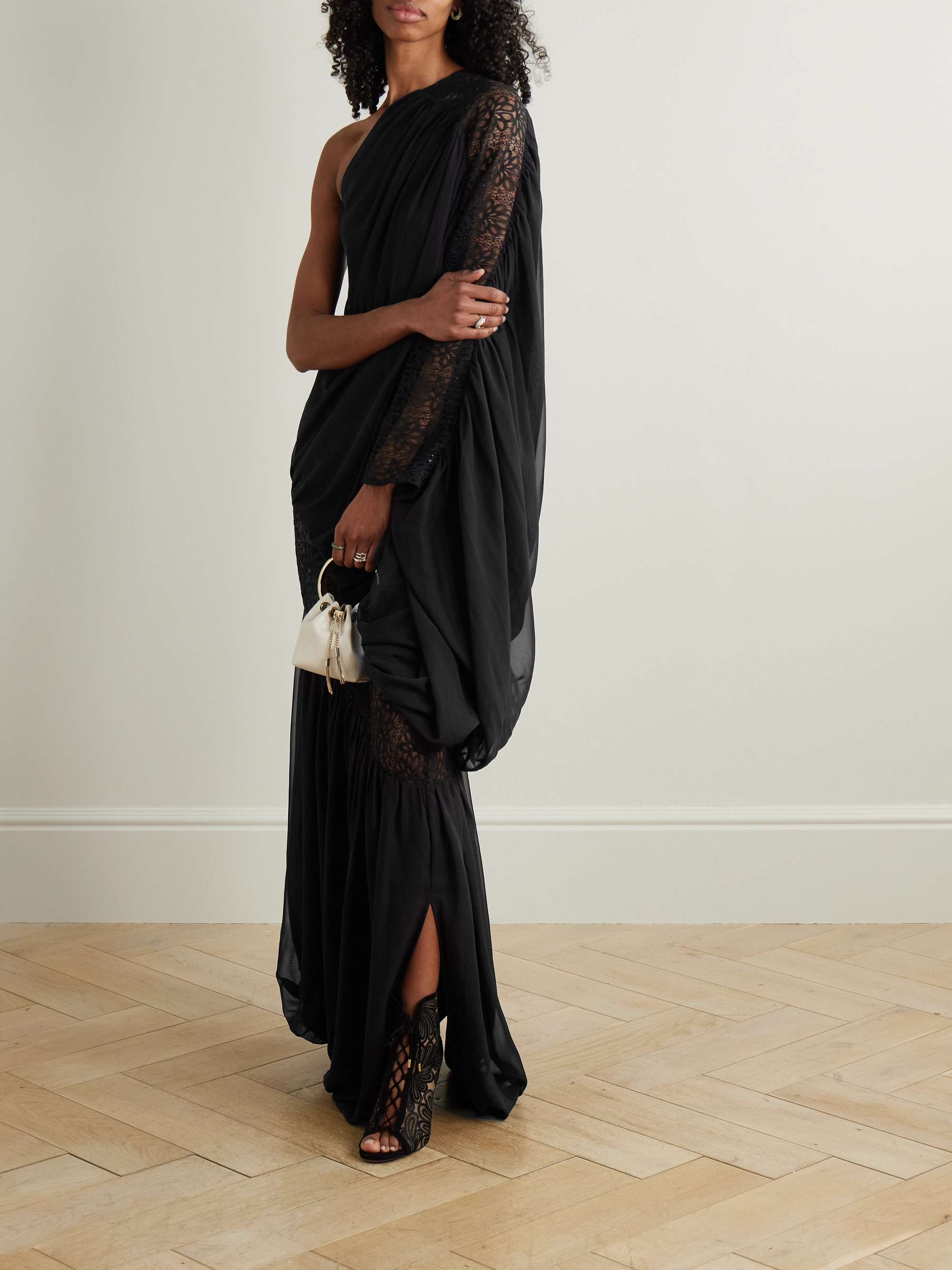 One-shoulder draped georgette and lace gown view