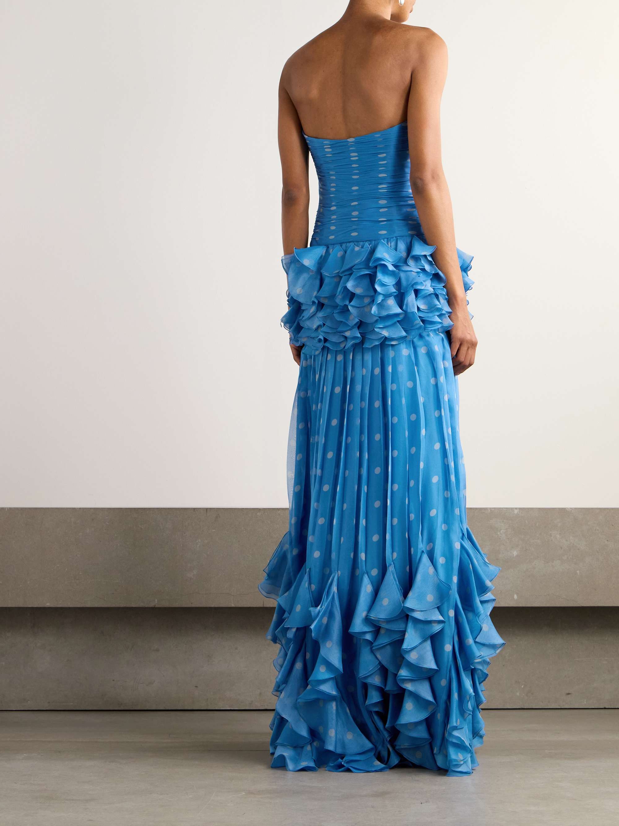 Strapless pleated ruffled polka-dot silk-chiffon gown view