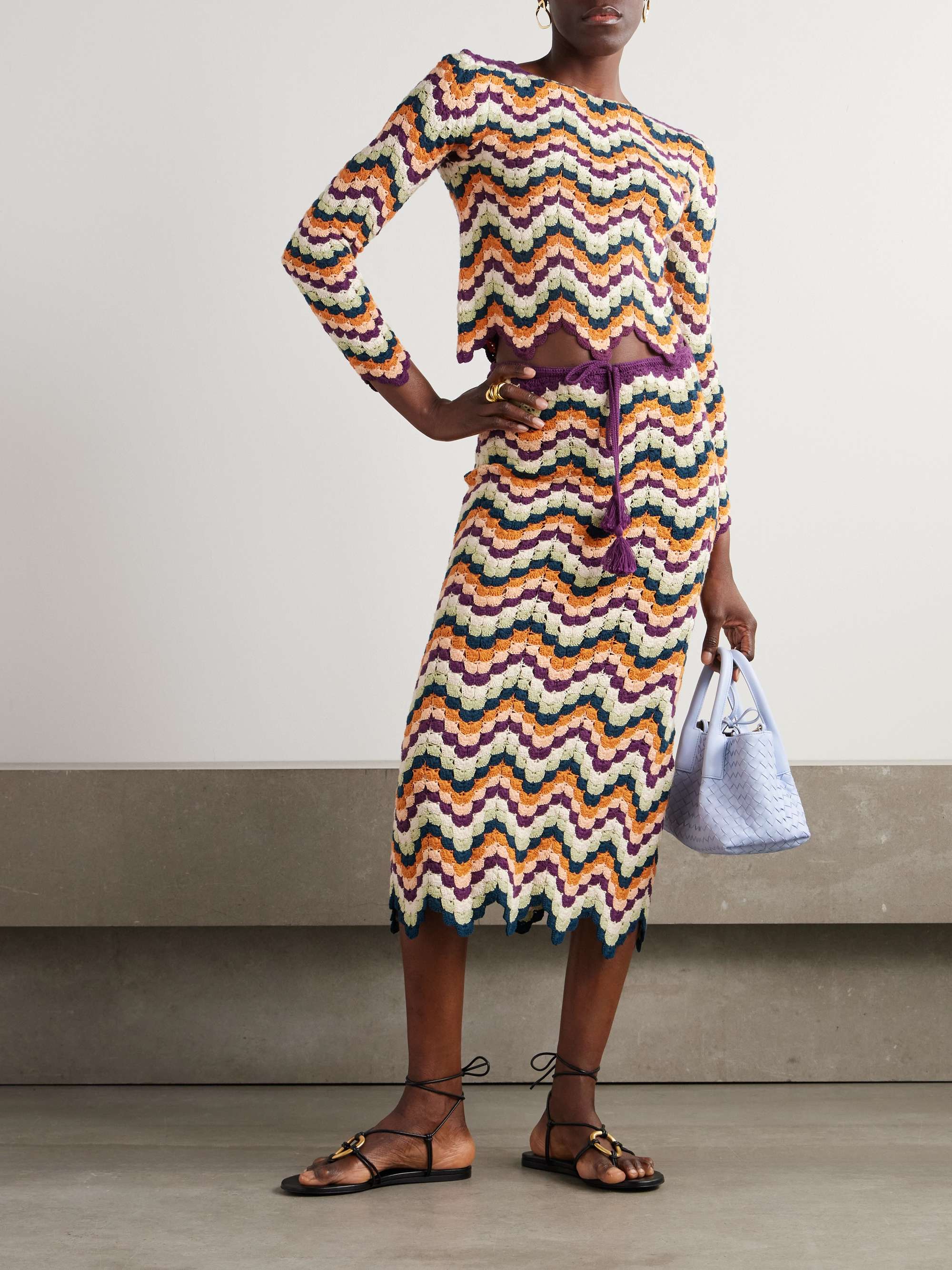 Safi Pesca scalloped striped crocheted organic cotton top view