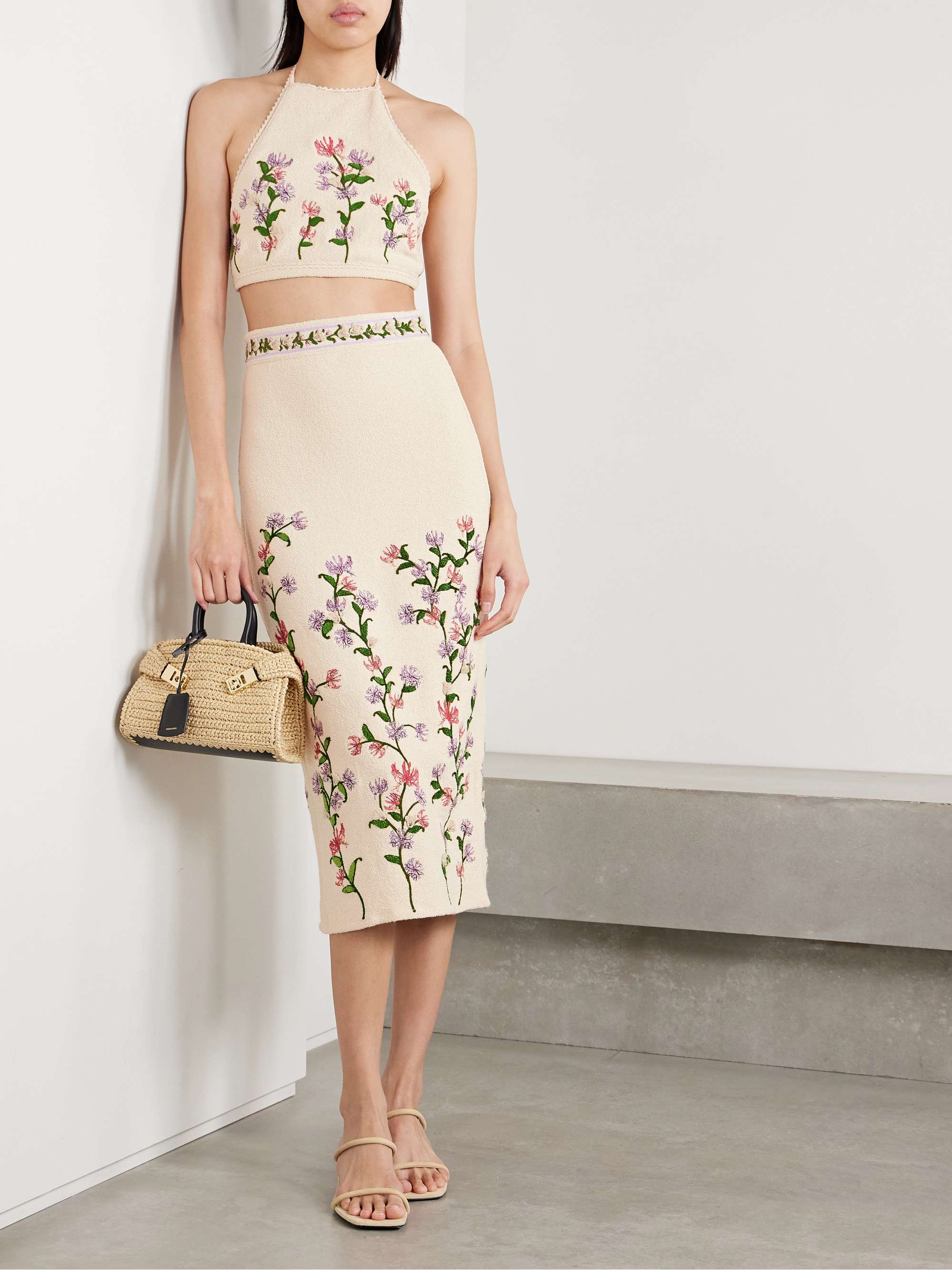 Carlota Honeysuckle cropped appliquéd embroidered cotton-blend bouclé halterneck top view