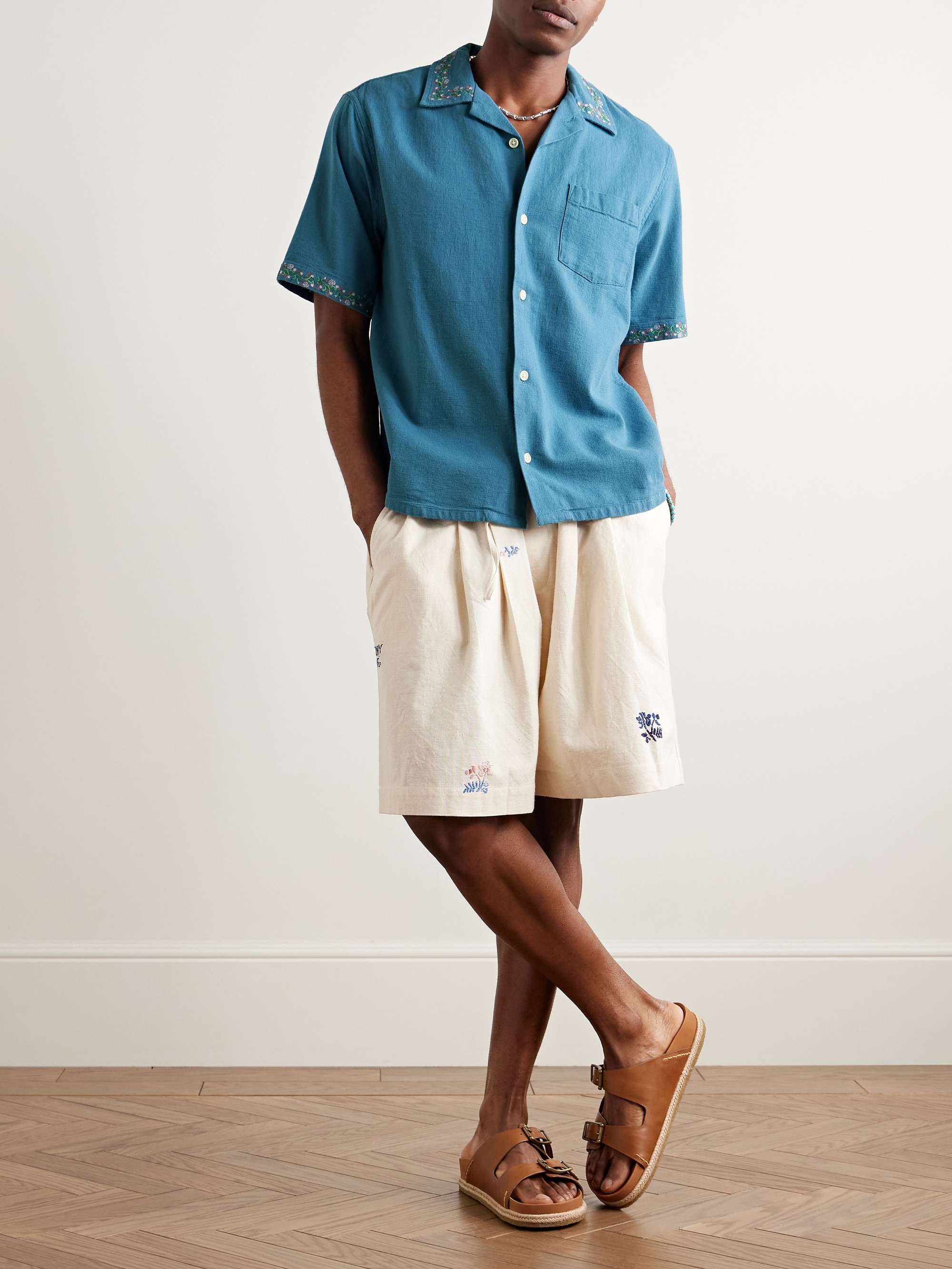 Convertible-Collar Embroidered Cotton-Hopsack Shirt view