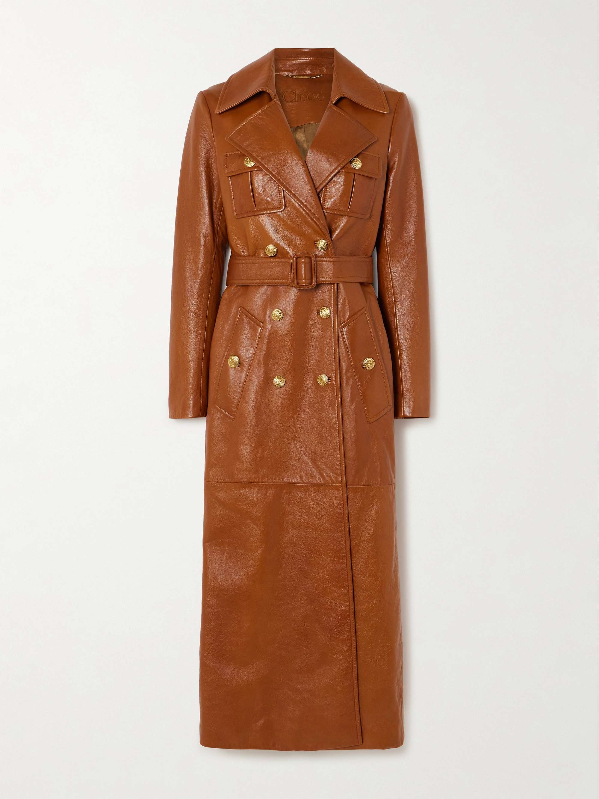 Leather double-breasted trench coat view