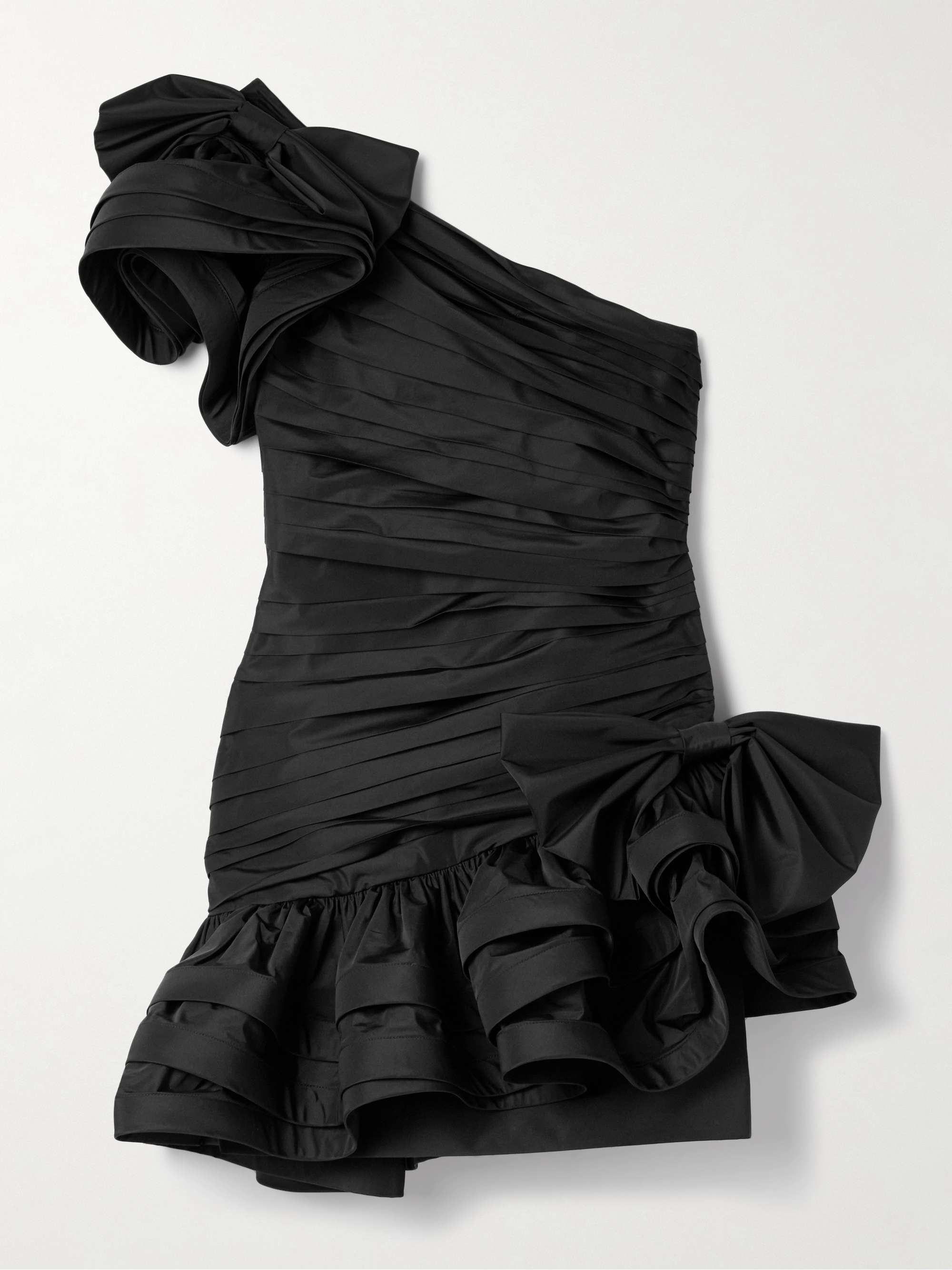 One-shoulder bow-embellished ruched taffeta mini dress view