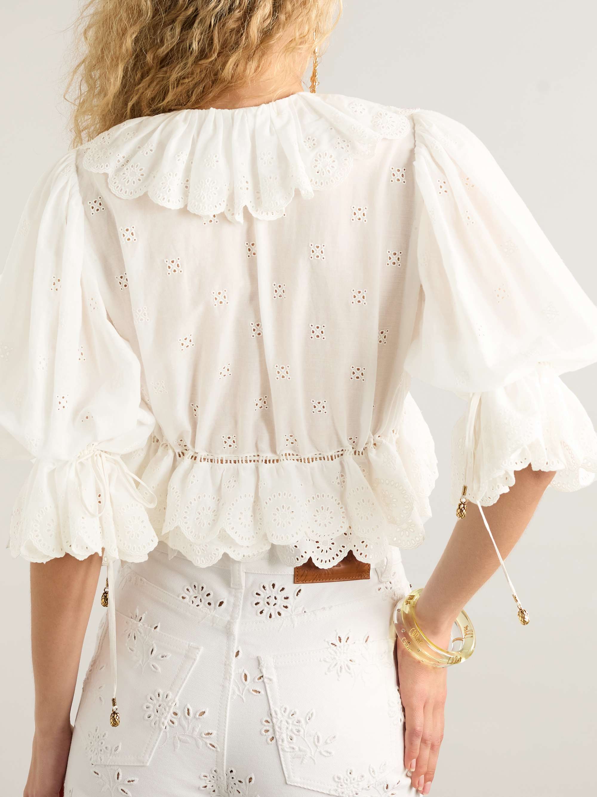 Cropped ruffled broderie anglaise cotton-voile blouse view