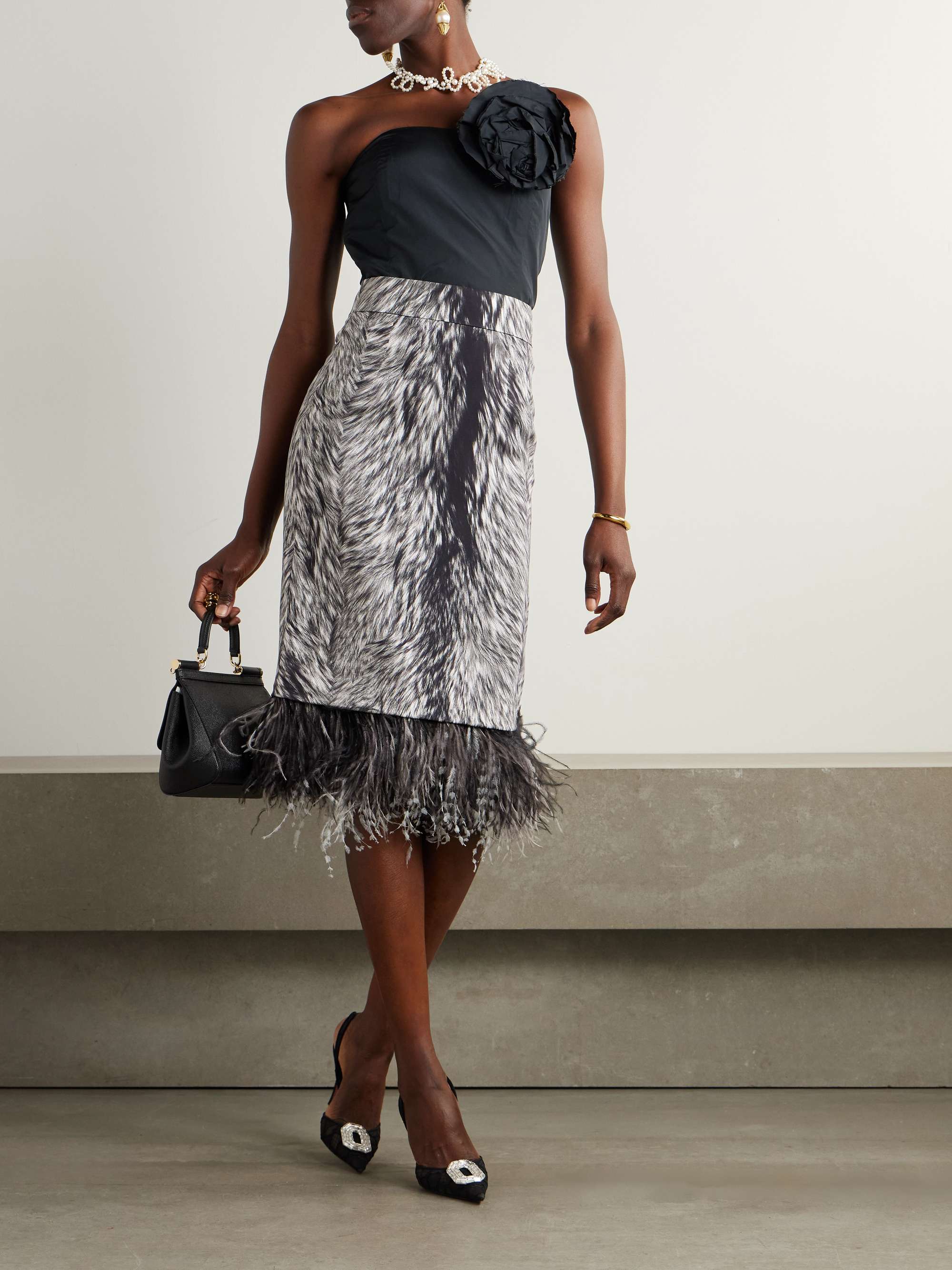 Feather-trimmed printed stretch-silk charmeuse skirt view