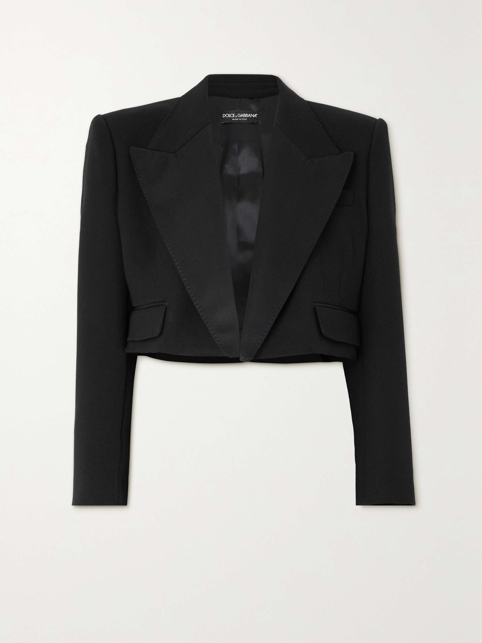 Cropped satin-trimmed wool-blend blazer view
