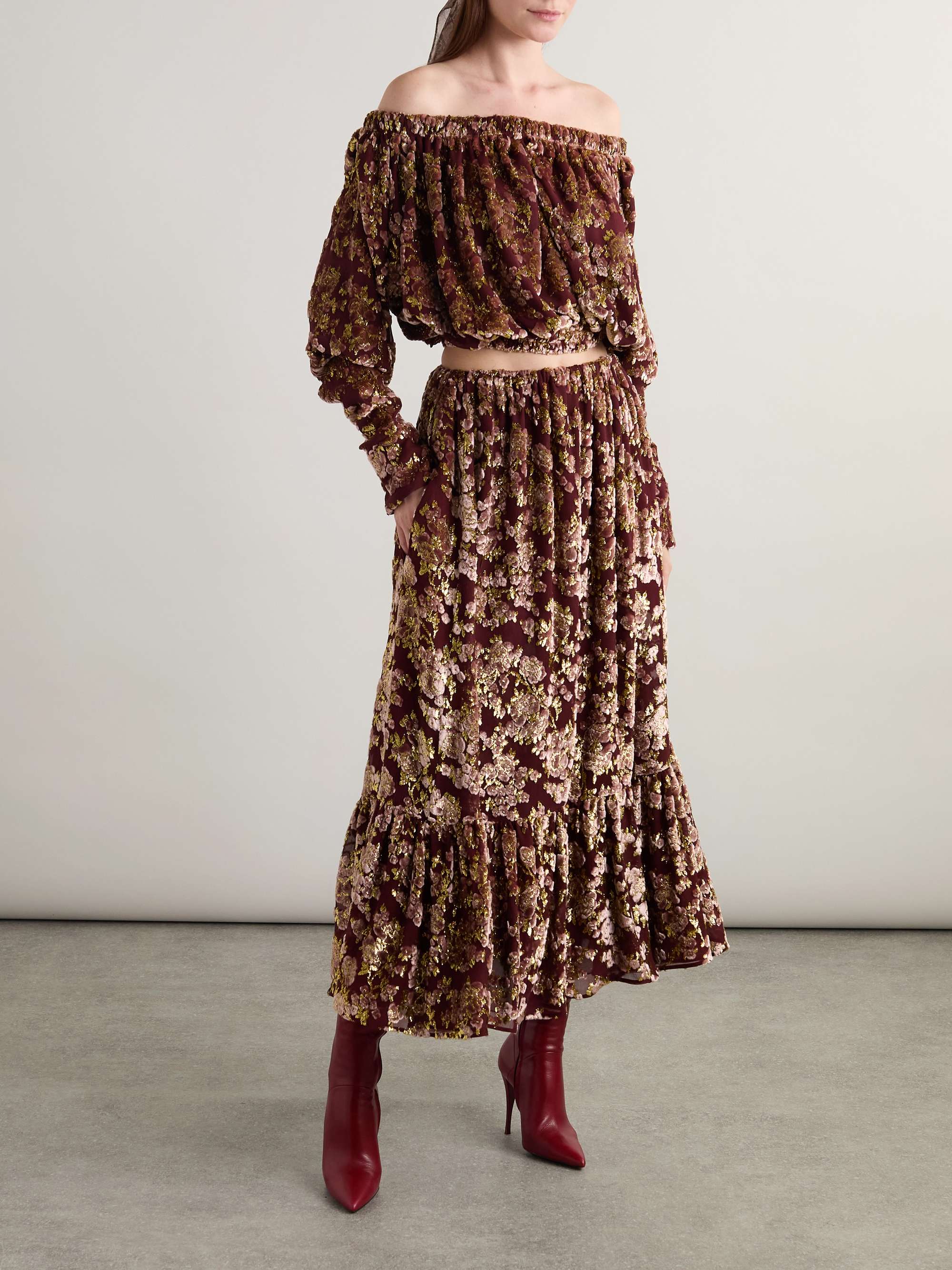 Off-the-shoulder ruched metallic devoré-velvet top view