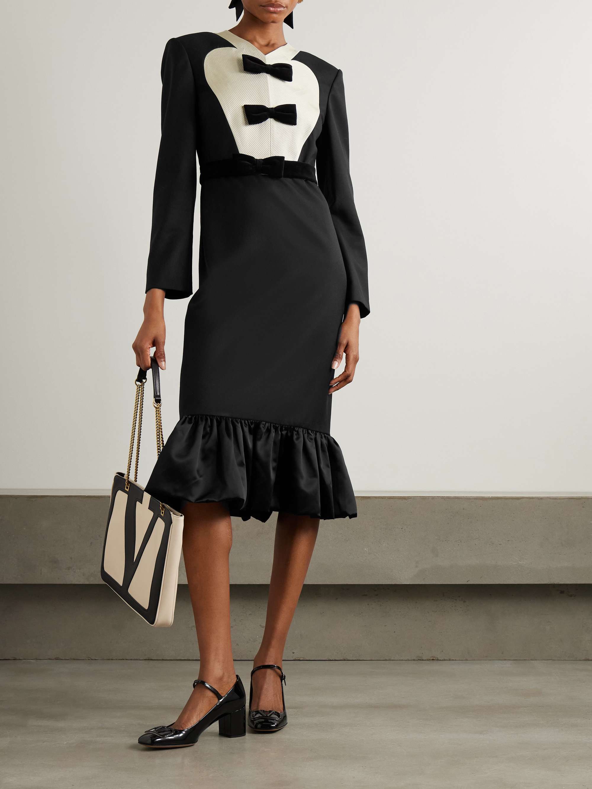Belted bow-embellished velvet and Ottoman-trimmed wool midi dress view
