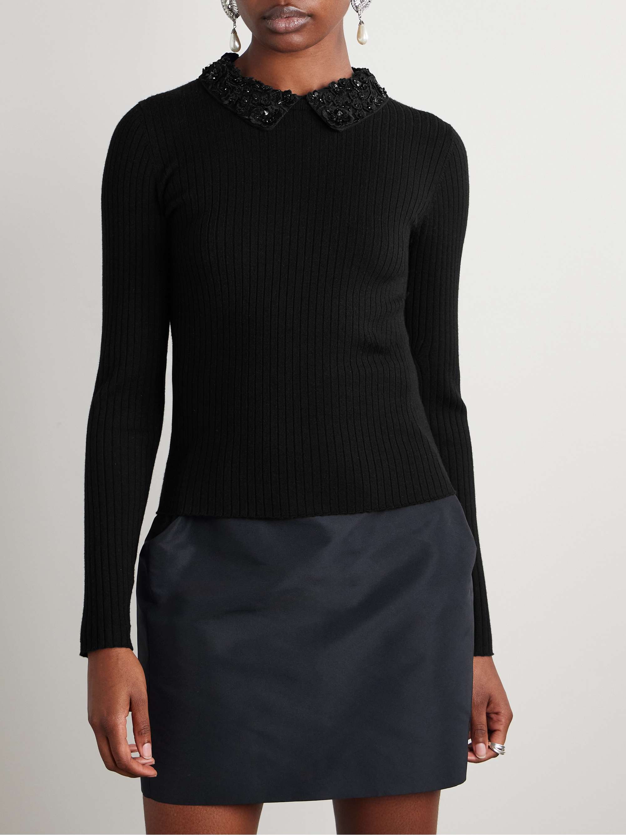 Convertible embellished crochet-trimmed ribbed wool sweater view