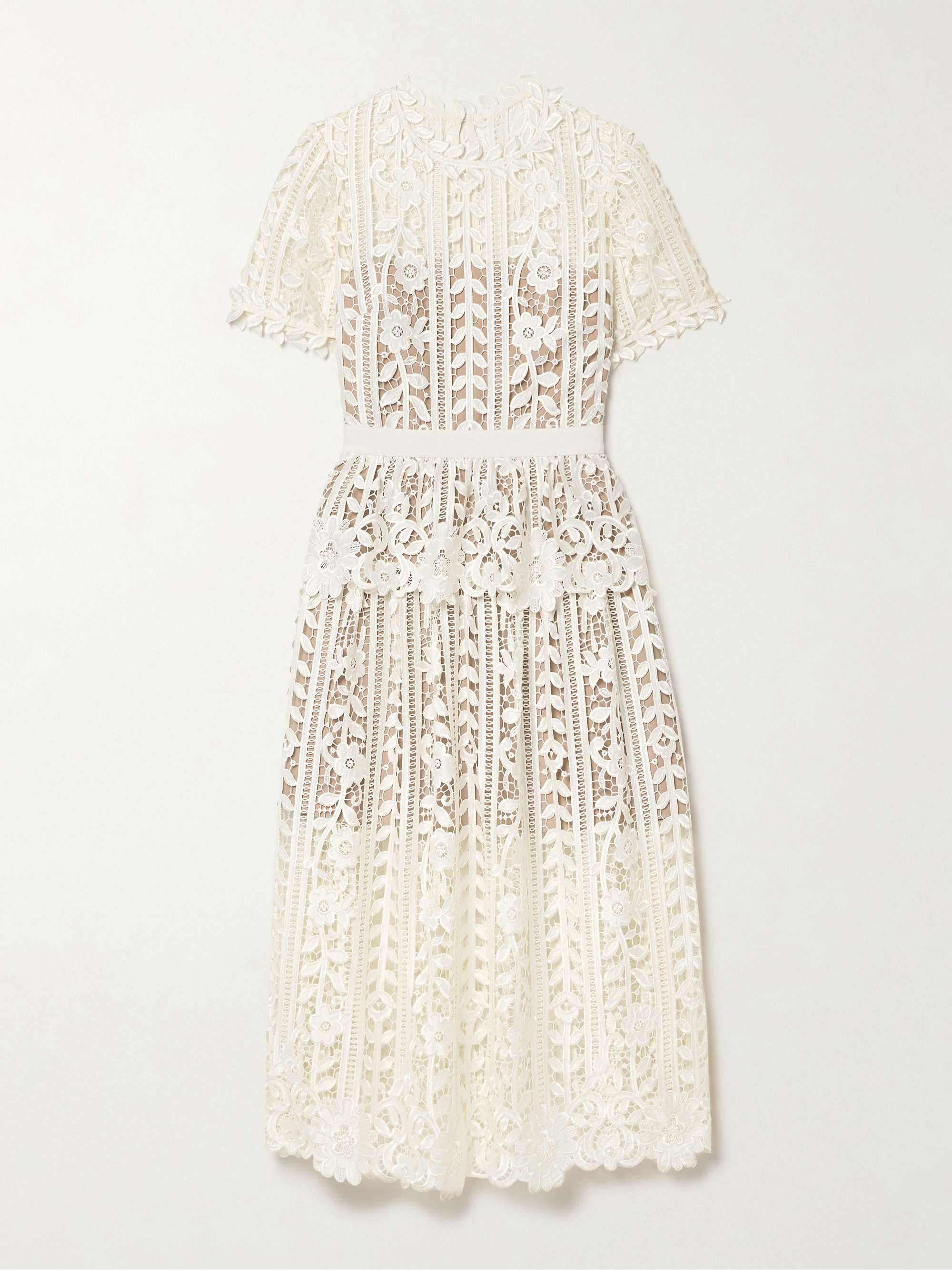 Grosgrain-trimmed embroidered guipure lace peplum midi dress view
