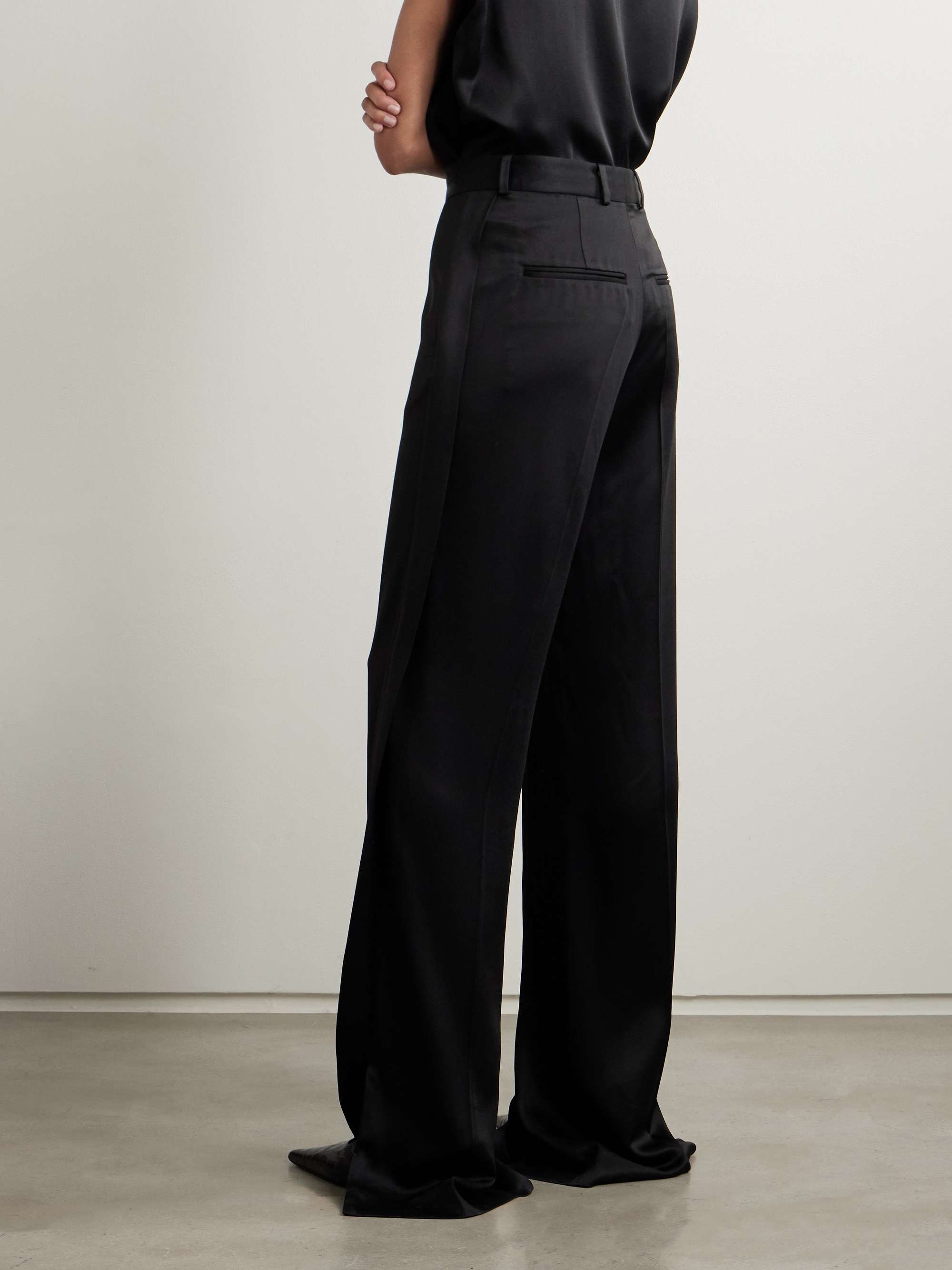 Pleated satin-trimmed crepe straight-leg pants view