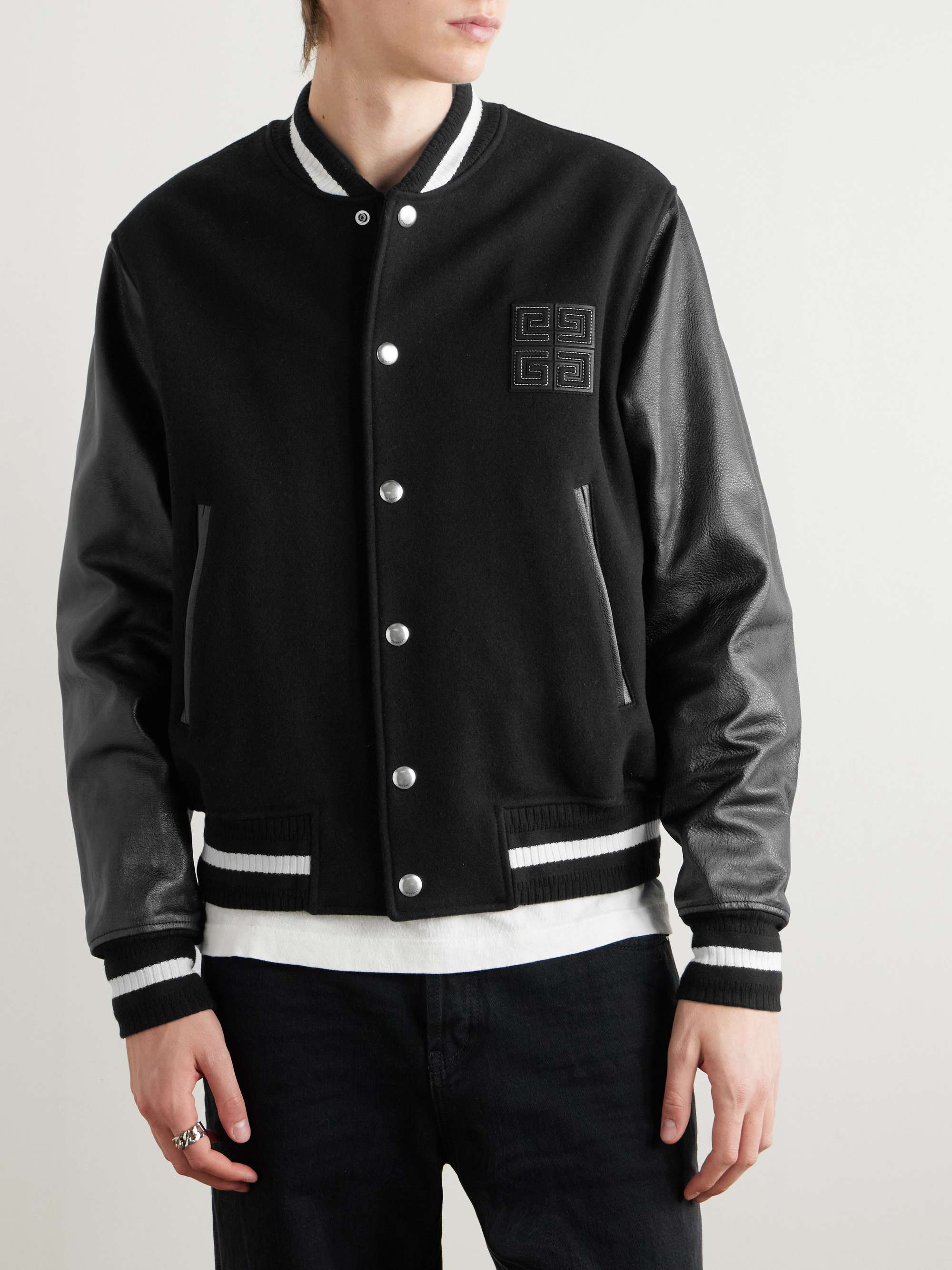 Logo-Appliquéd Brushed Wool-Blend and Leather Varsity Jacket view
