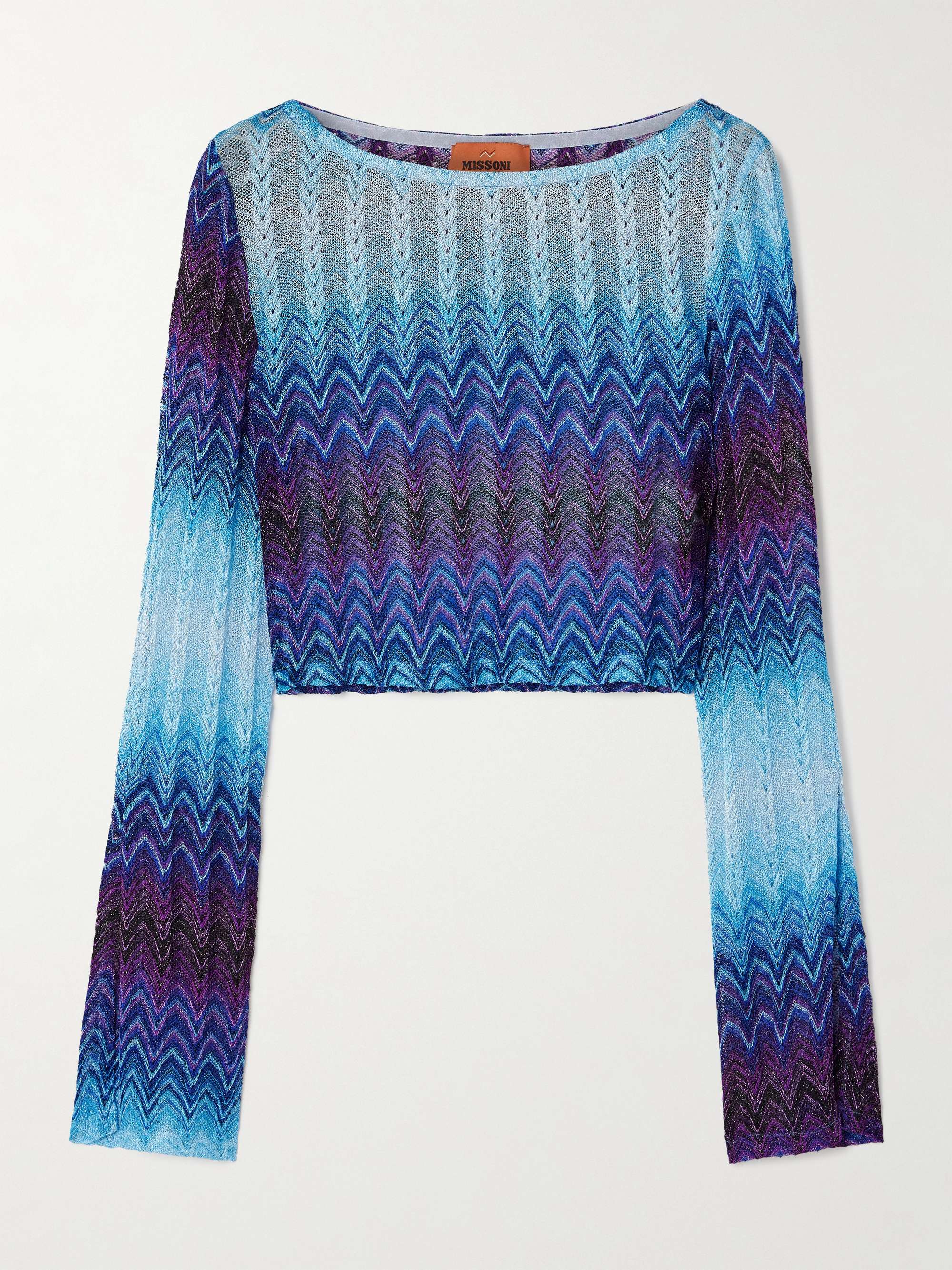 Cropped ombré metallic crochet-knit top view