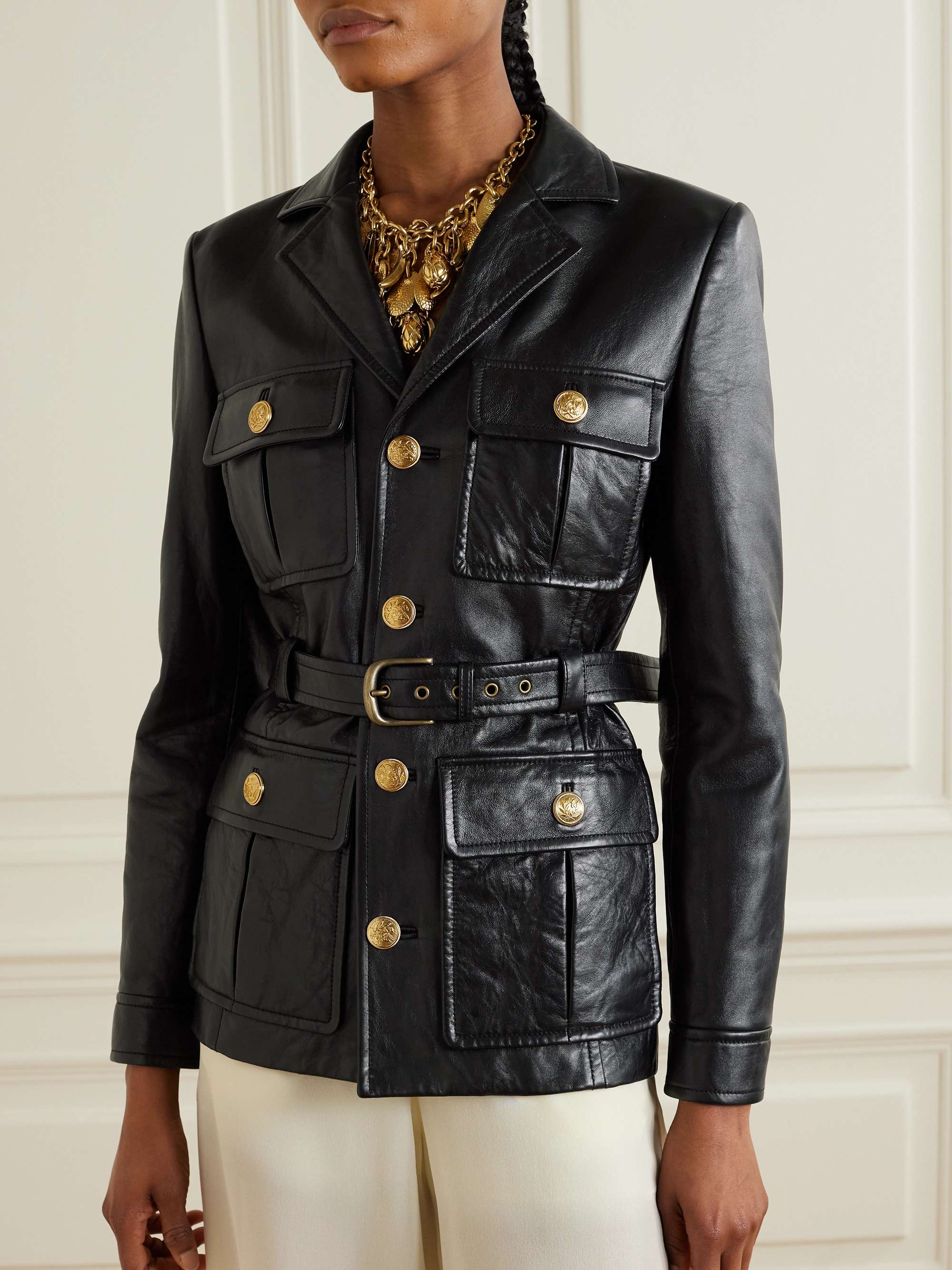 Belted glossed textured-leather jacket view