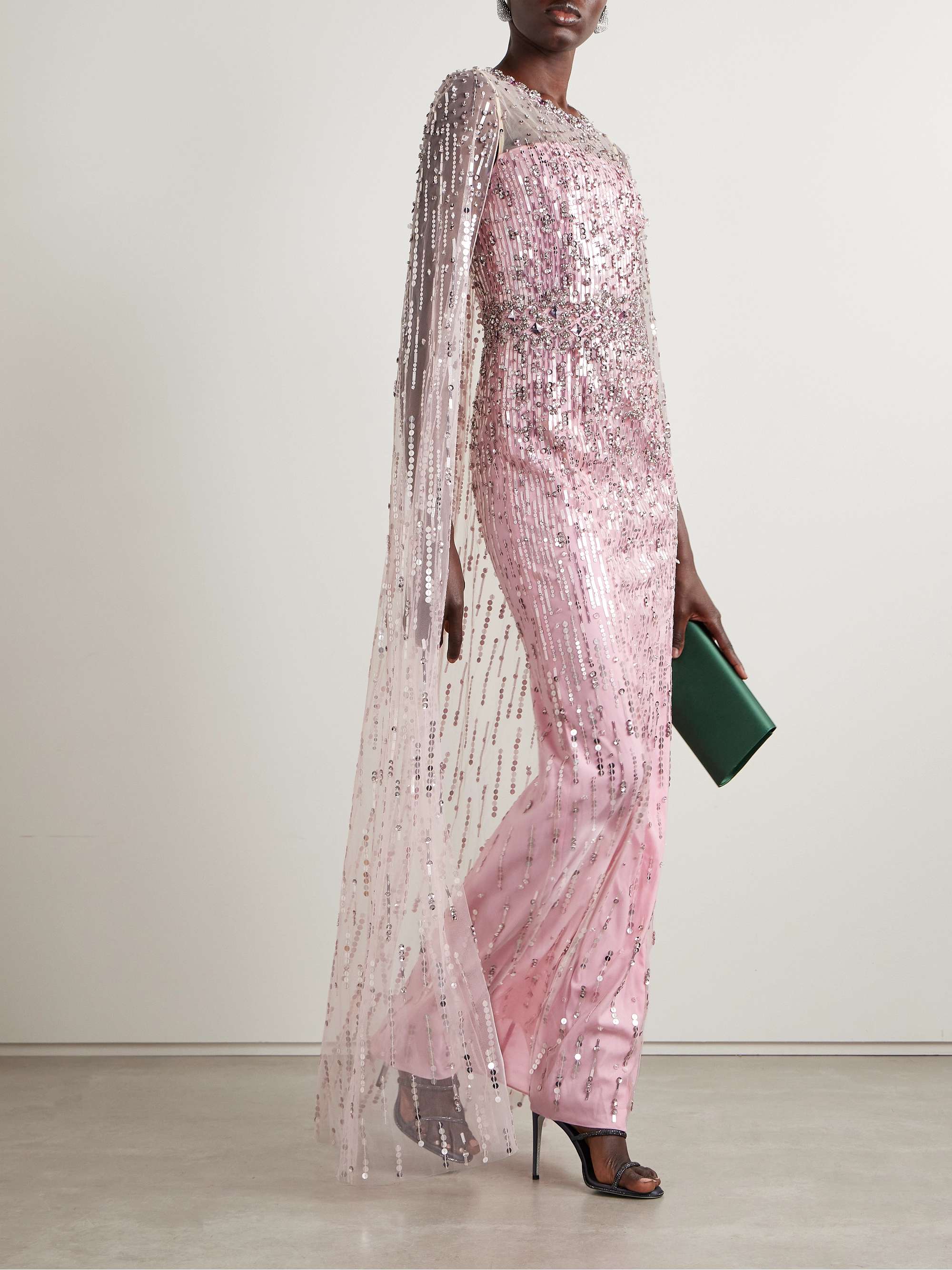Cape-effect embellished tulle gown view
