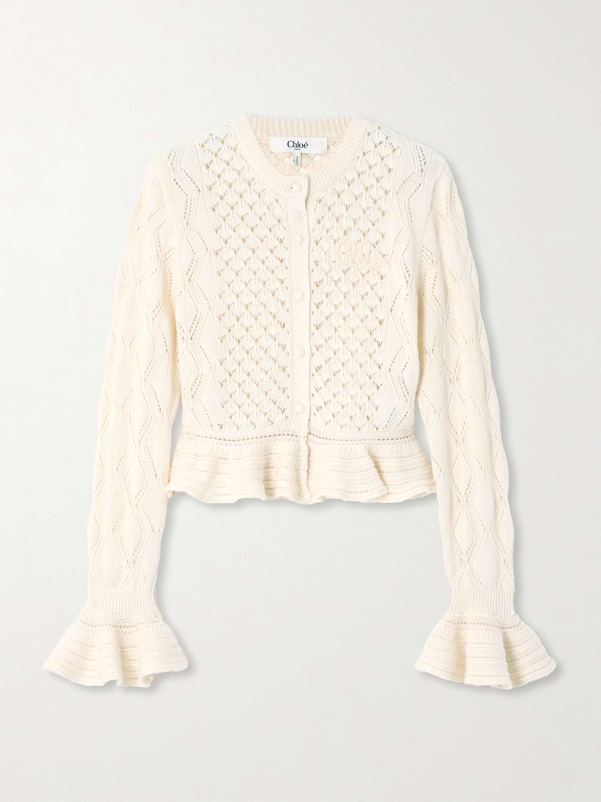 Cropped ruffled pointelle-knit cotton, alpaca and silk-blend cardigan view