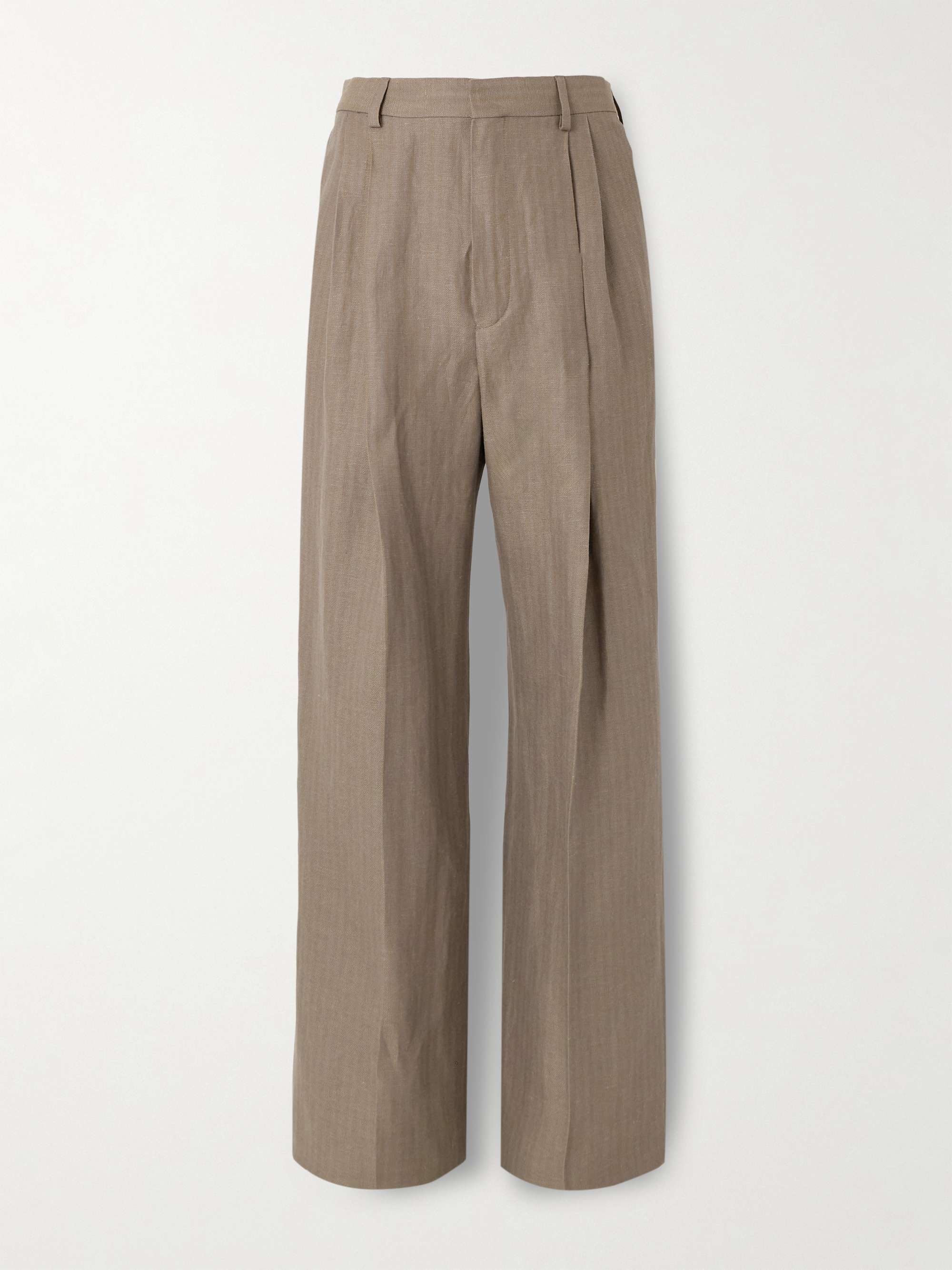 Wide-Leg Pleated Striped Linen and Wool-Blend Twill Trousers view