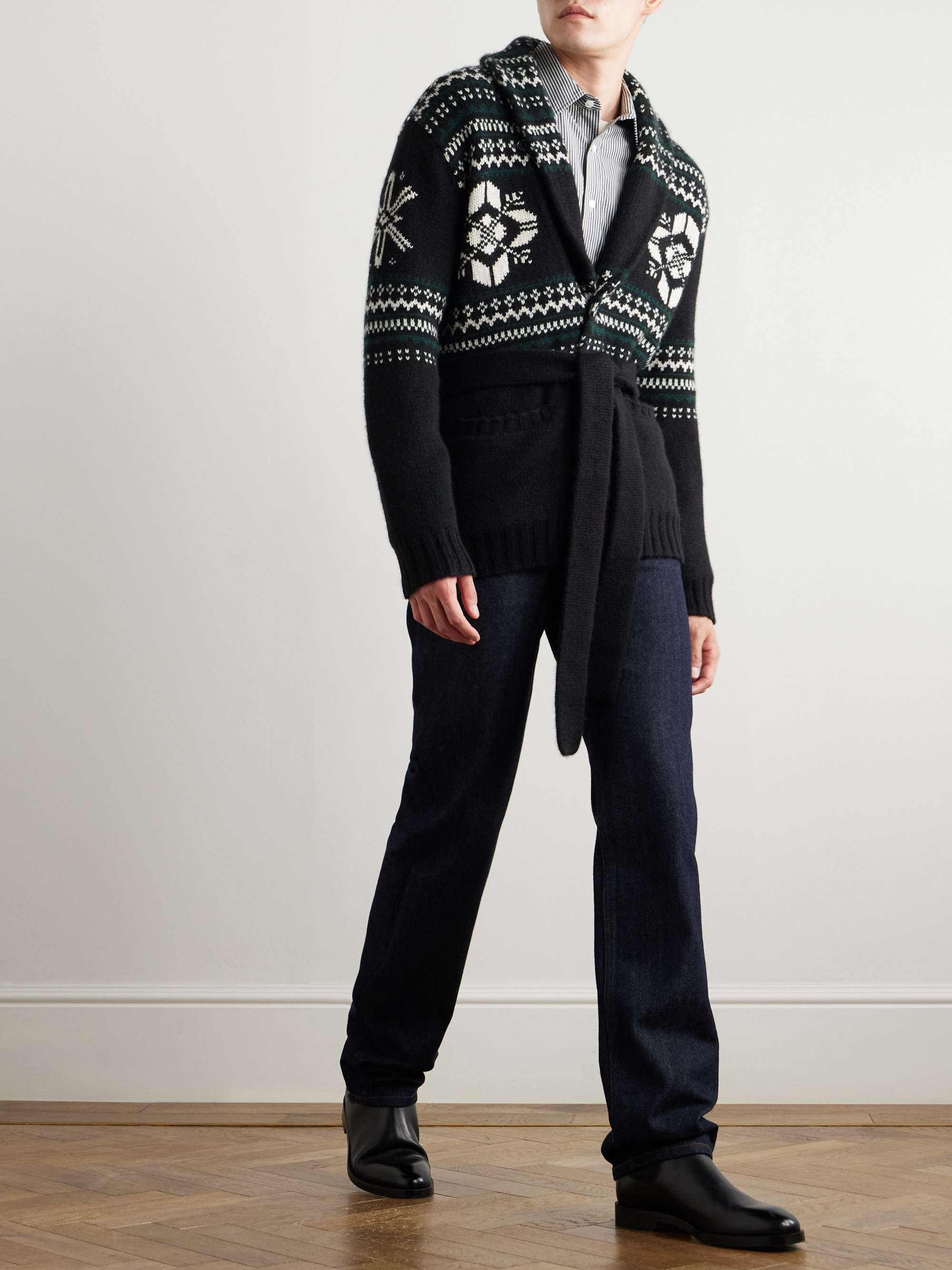 Shawl-Collar Belted Jacquard-Knit Cashmere Cardigan view