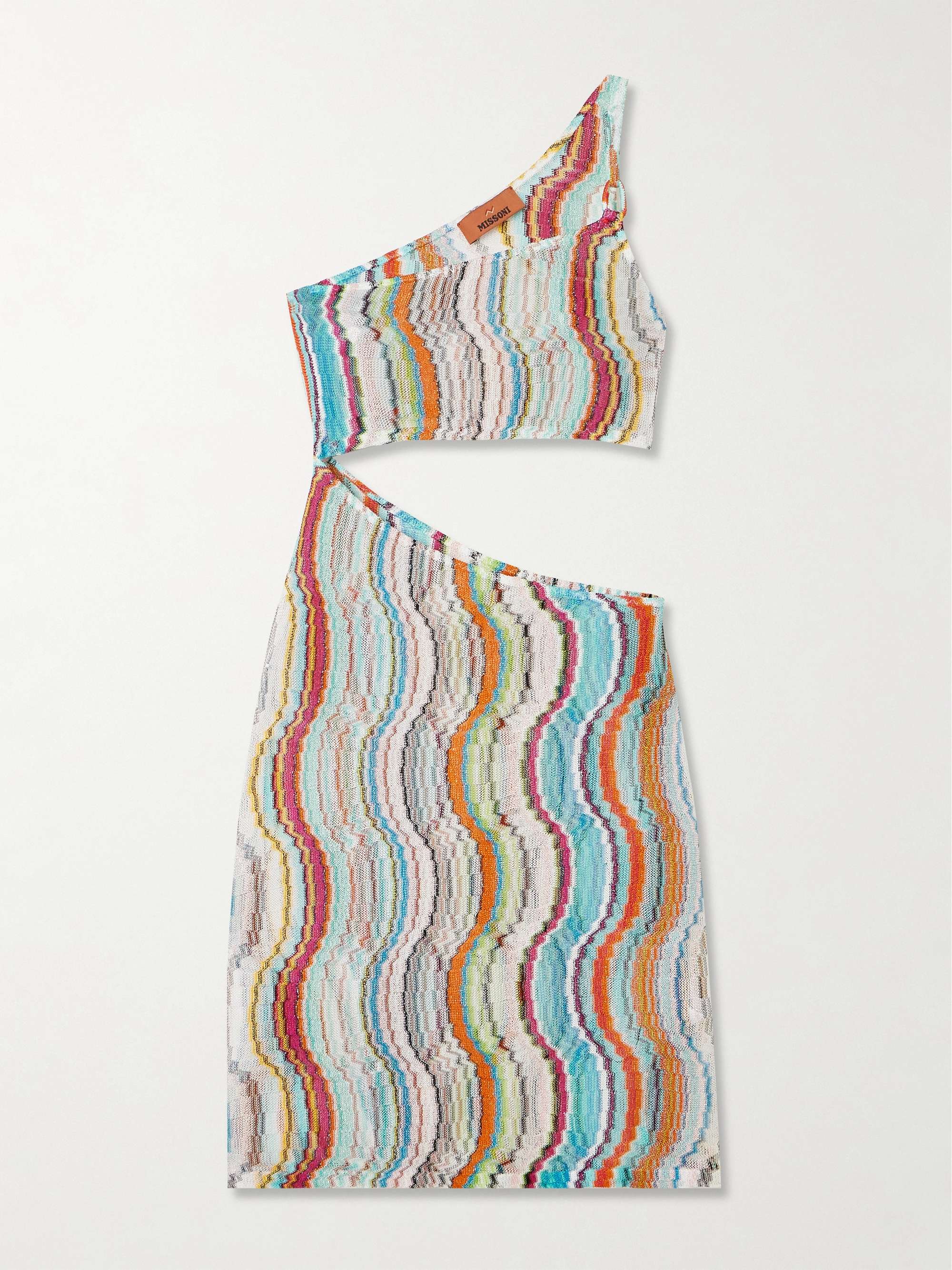 One-shoulder cutout metallic crochet-knit mini dress view