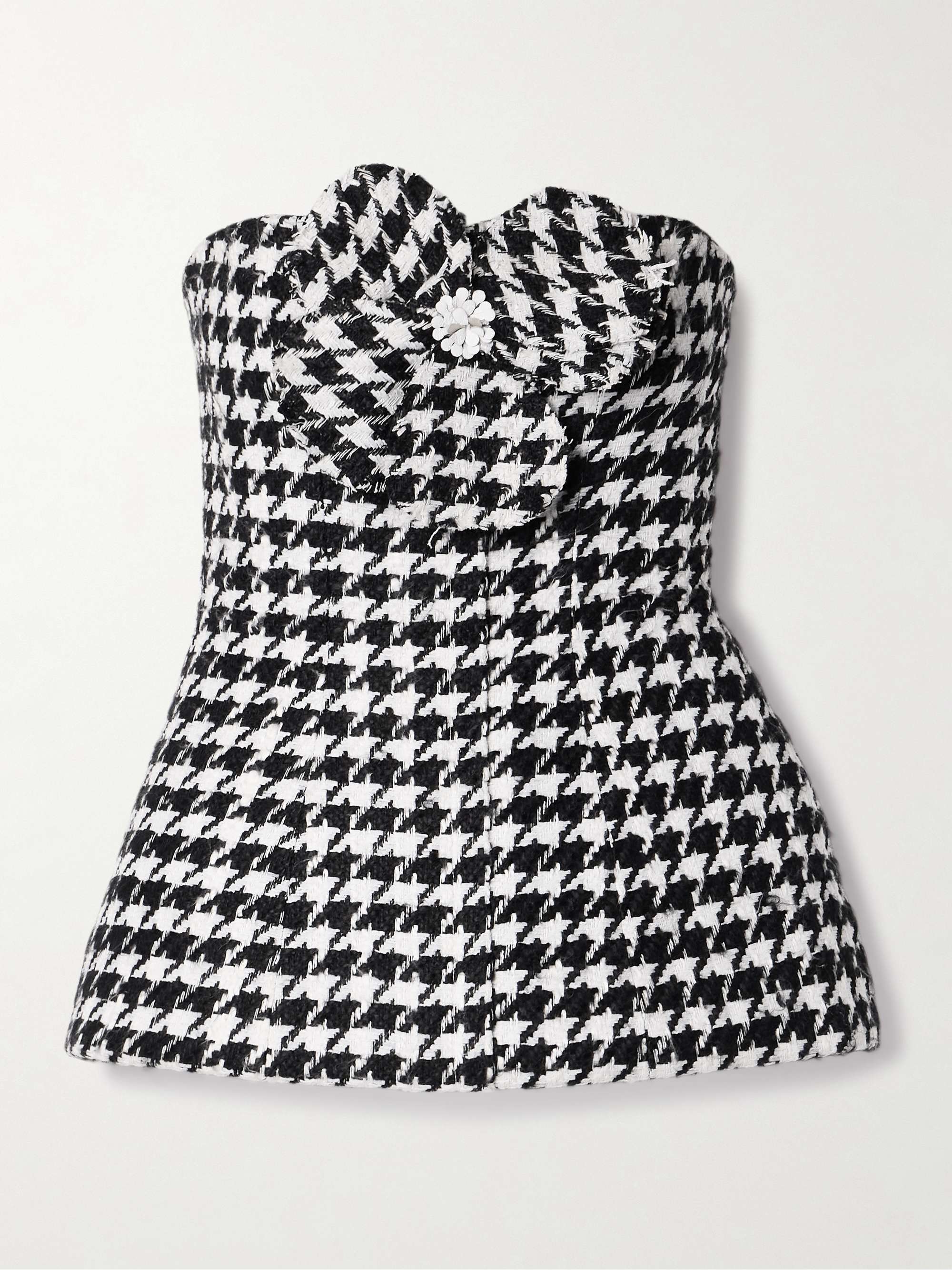 Strapless appliquéd houndstooth tweed peplum top view