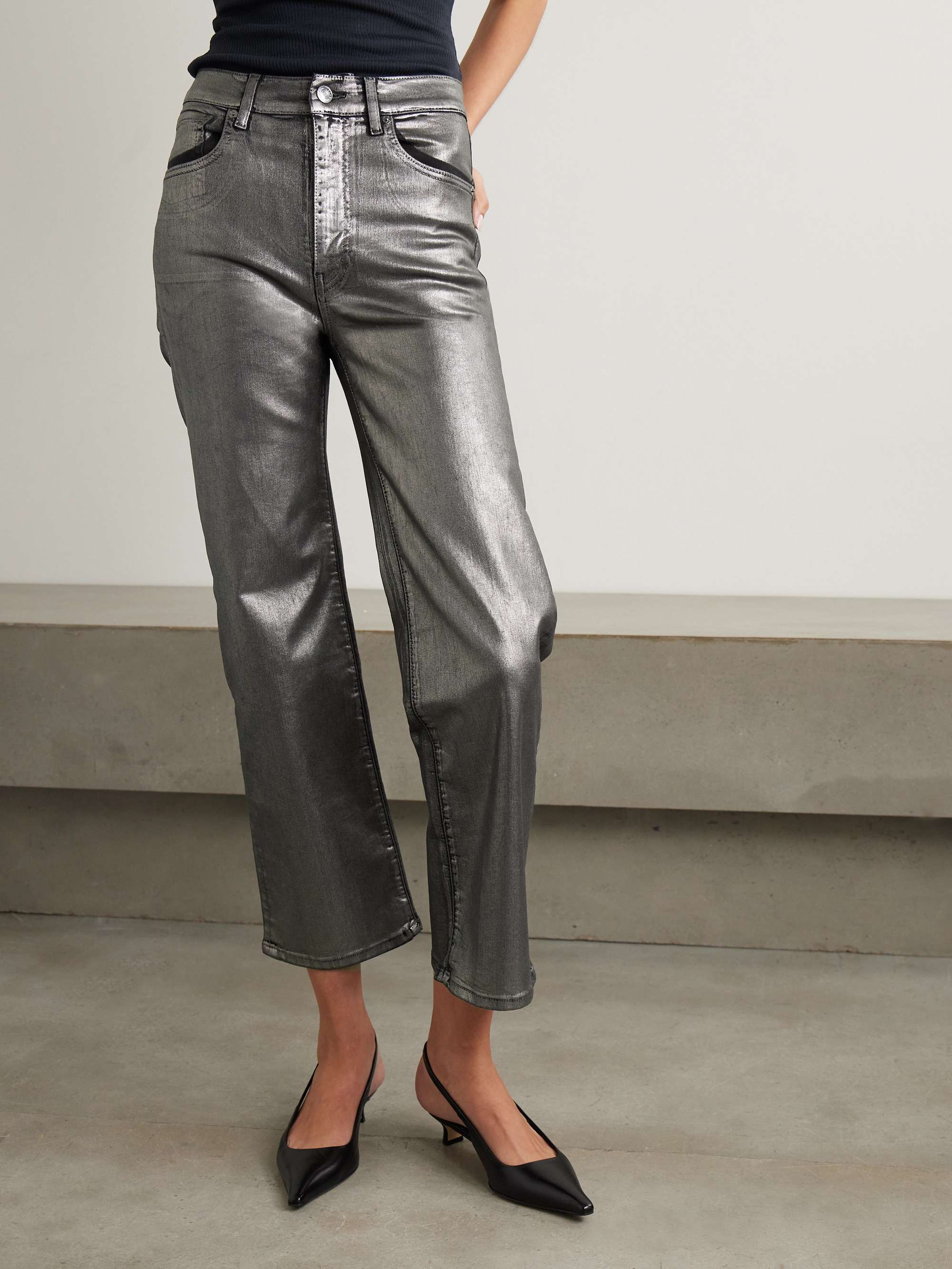 Le Sleek metallic coated high-rise straight-leg jeans view