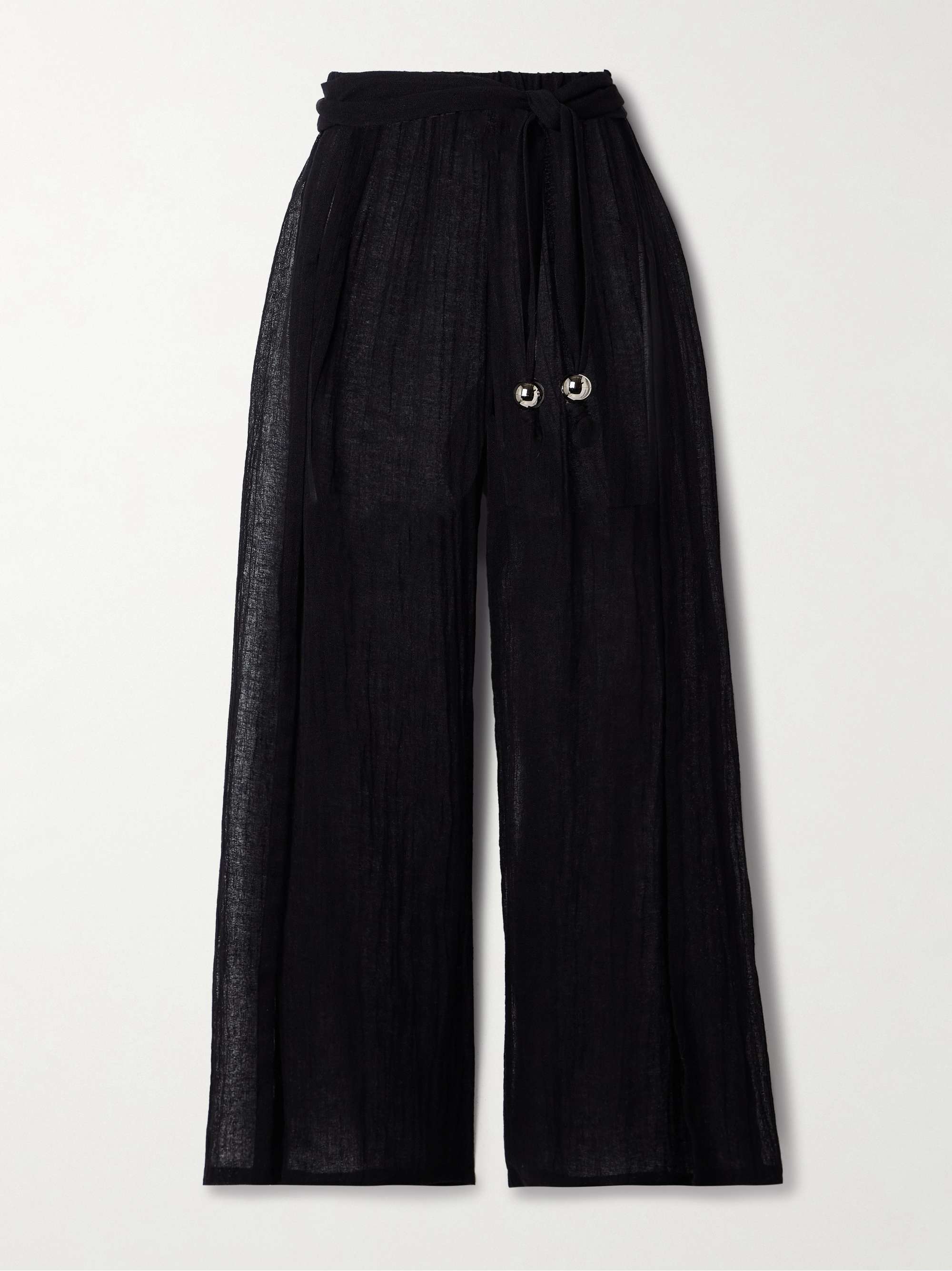 Embellished belted crinkled linen-blend gauze wide-leg pants view