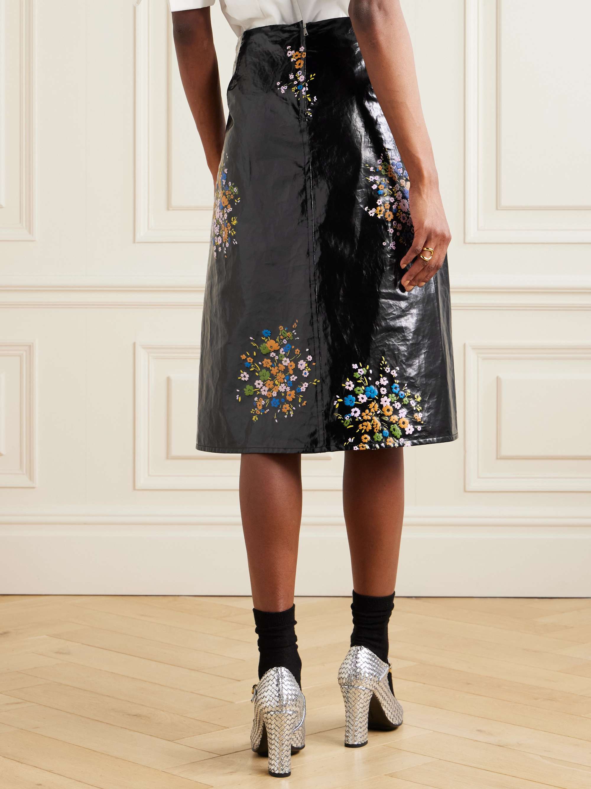 Floral-print coated-linen midi skirt view