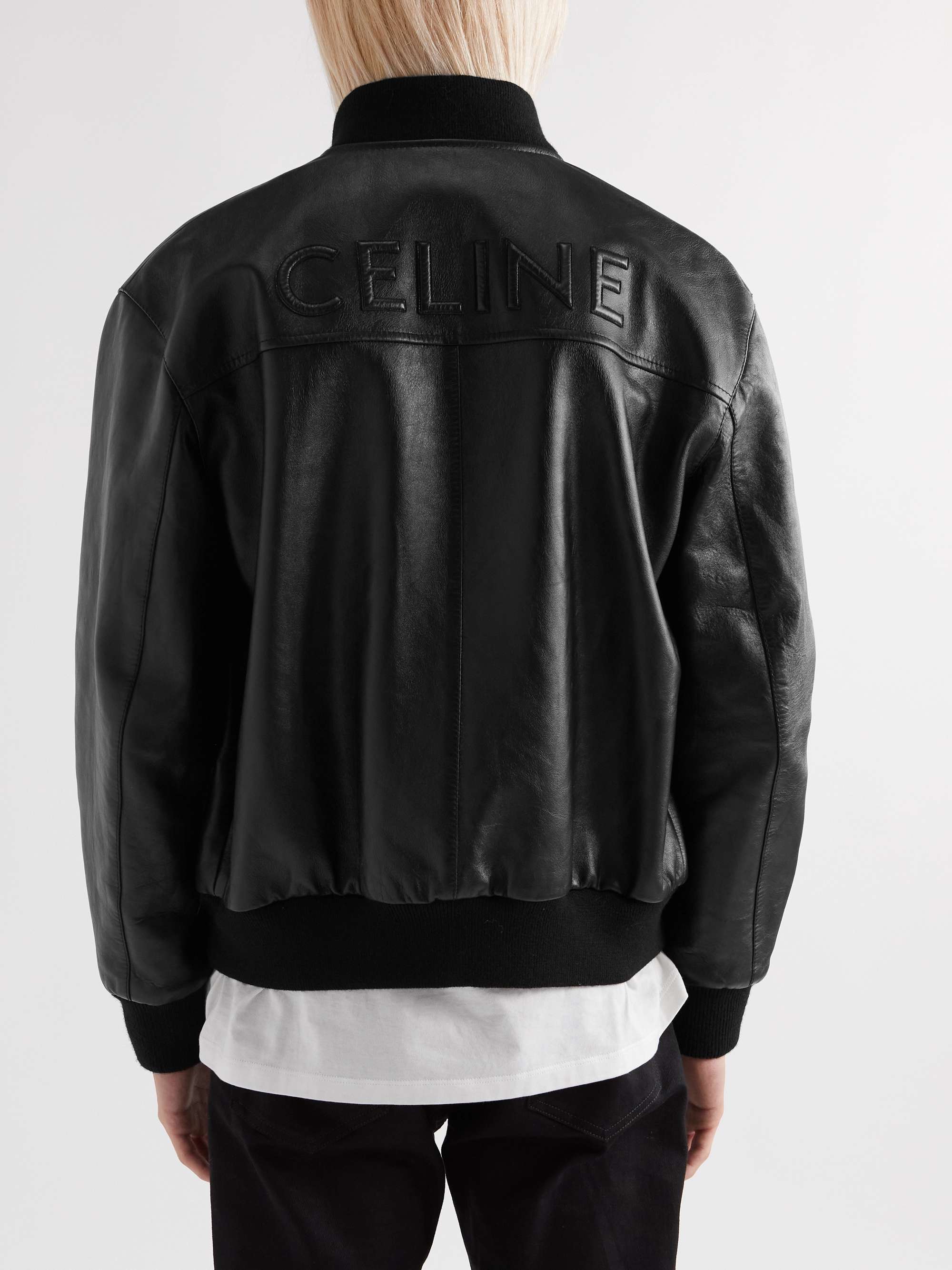 Logo-Embossed Leather Bomber Jacket view