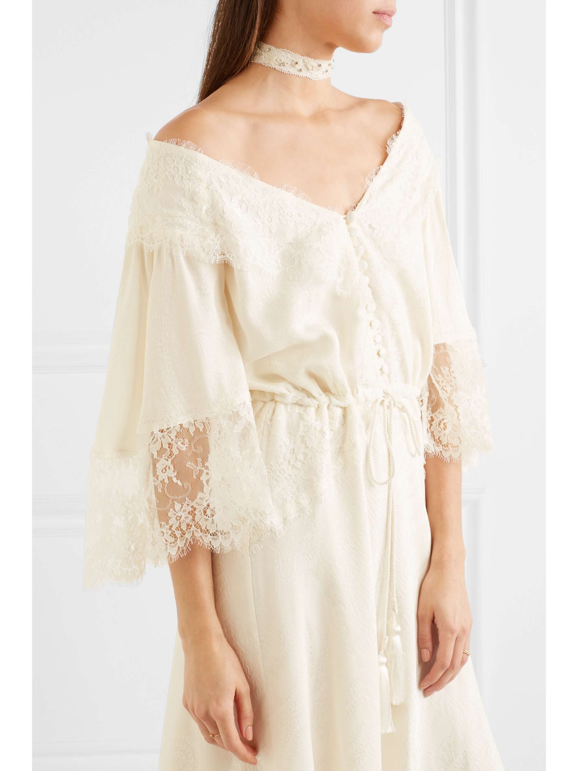 Lace-paneled silk-jacquard midi dress view