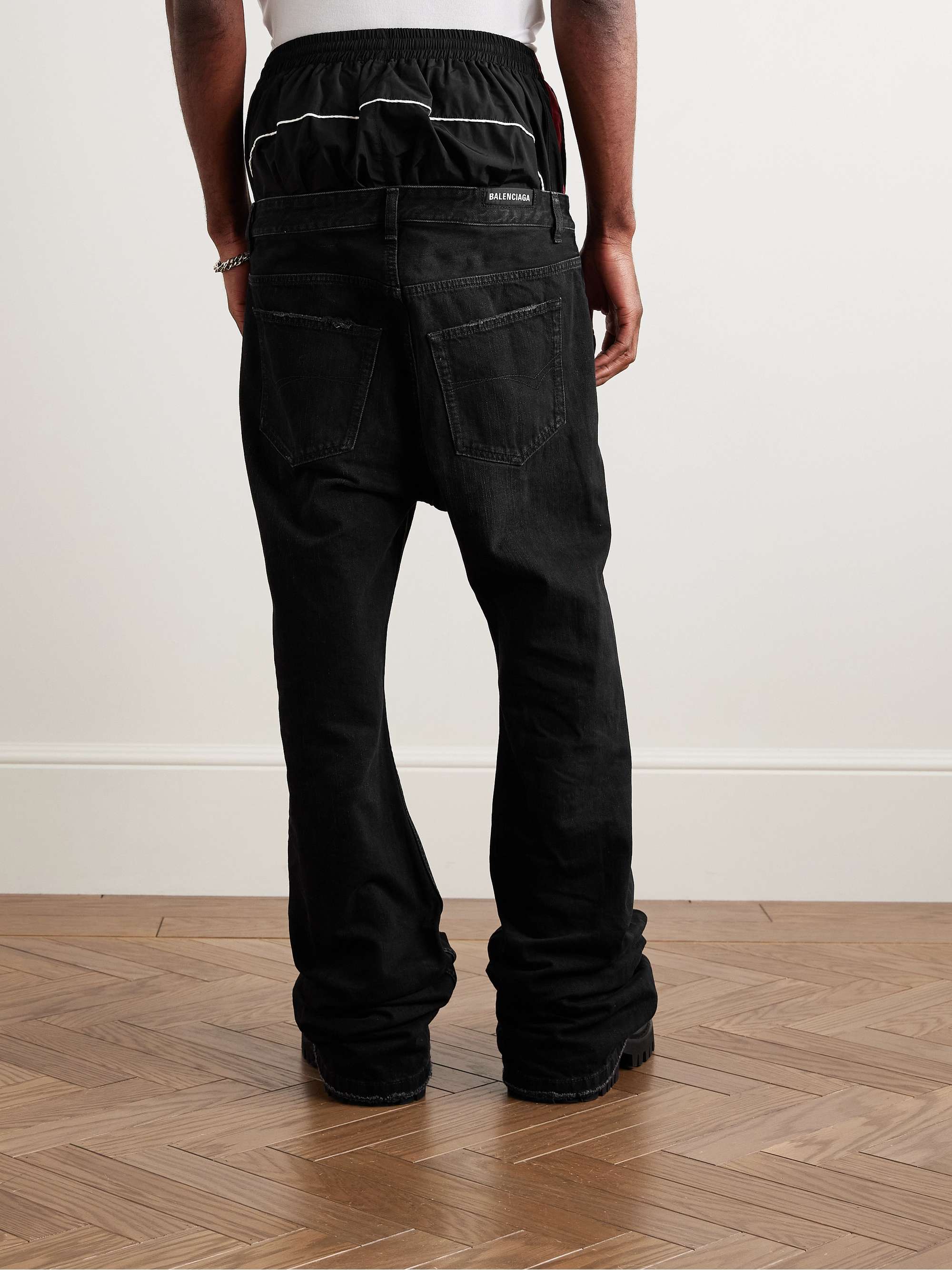 Layered Shell-Trimmed Distressed Flared Jeans view