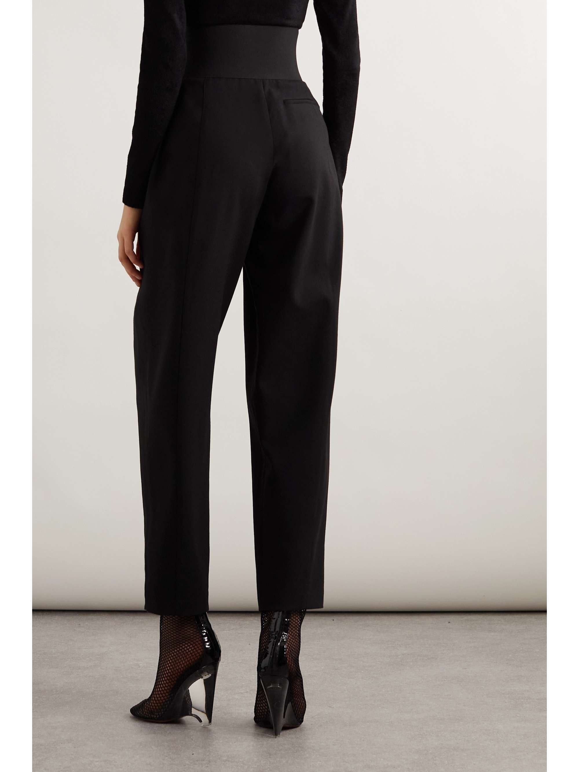Belted pleated leather-trimmed wool-blend tapered pants view