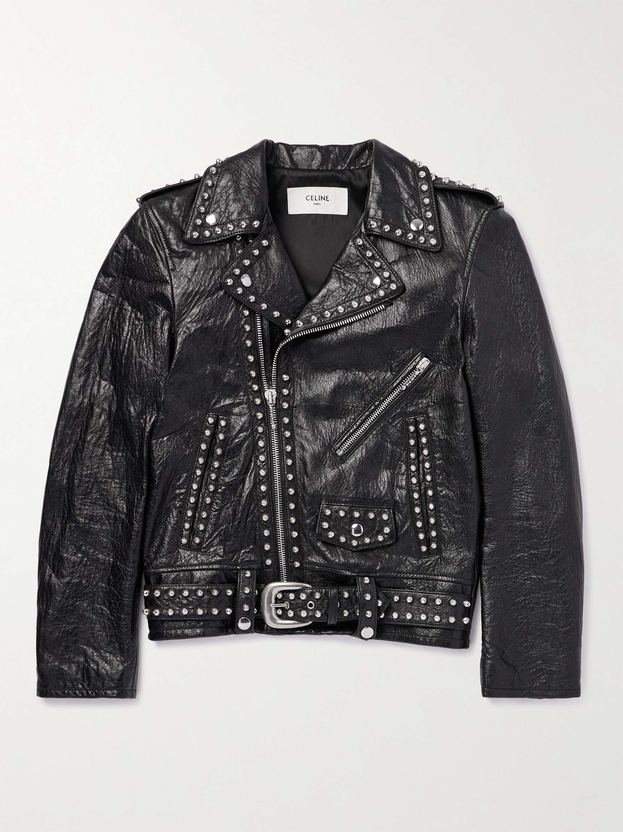 Studded Belted Textured-Leather Jacket view