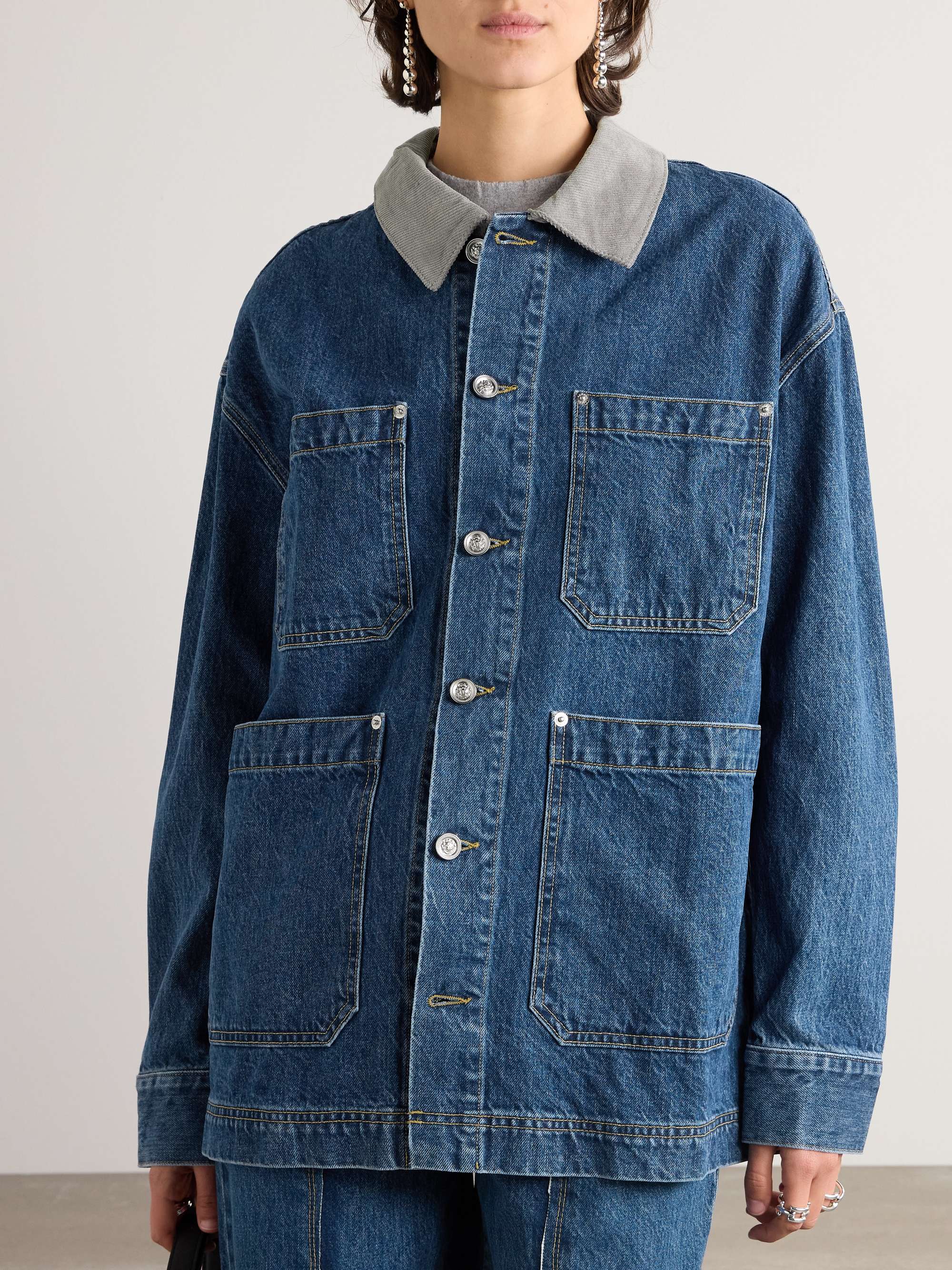 Cotton corduroy-trimmed denim jacket view