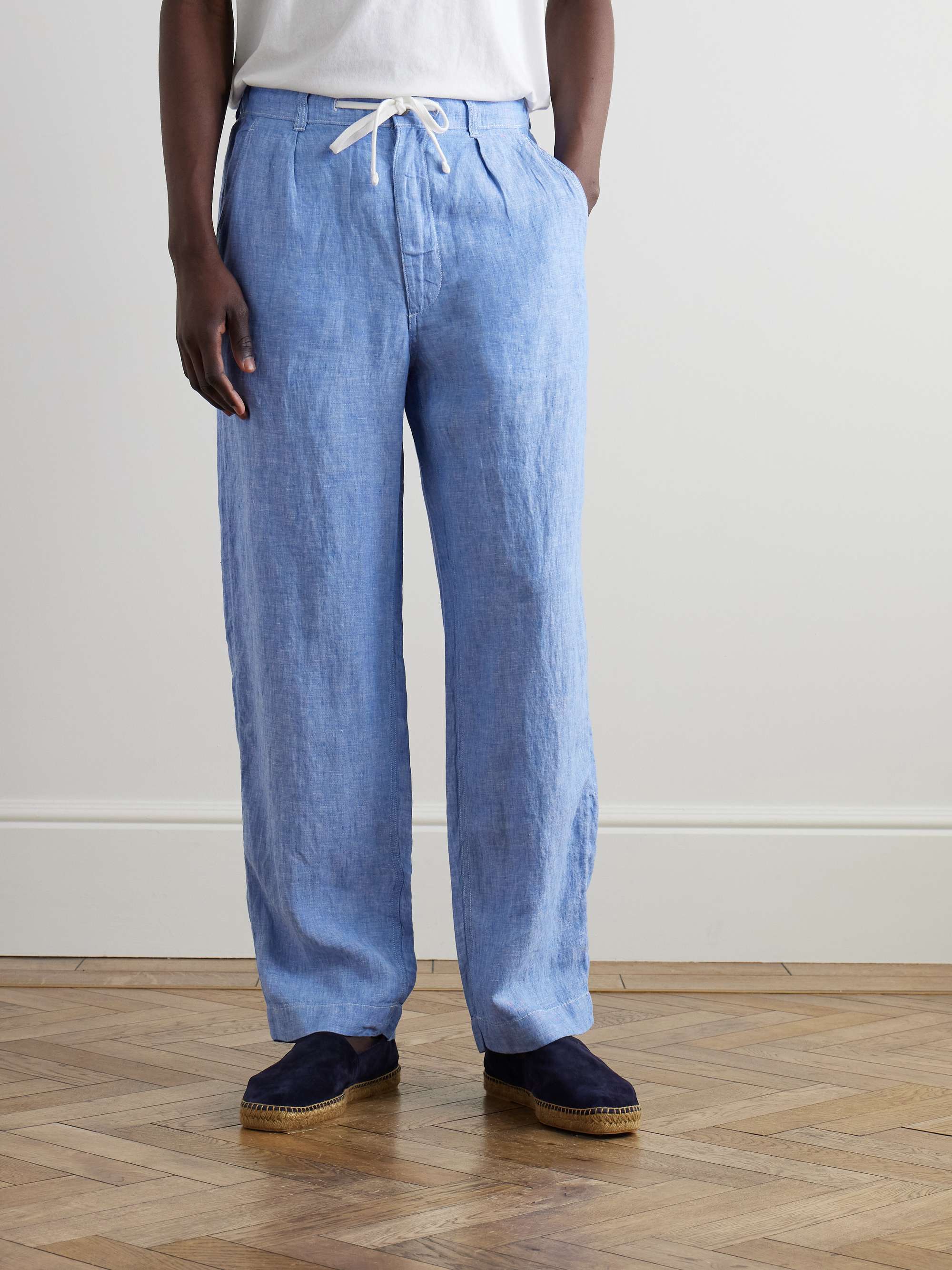 Straight-Leg Linen-Chambray Drawstring Trousers view