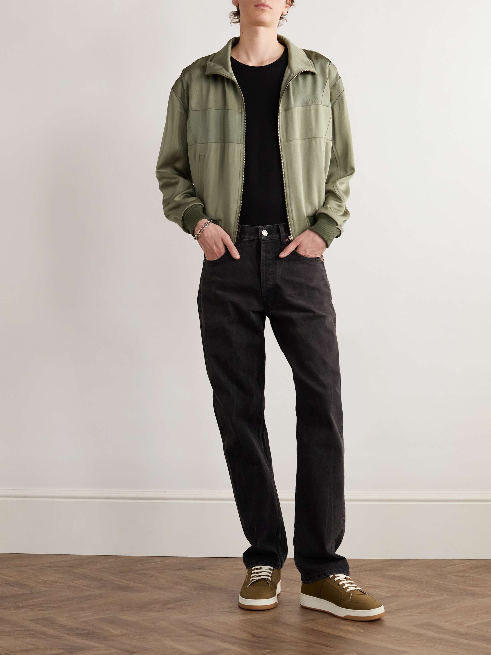 Logo-Embroidered Wool-Trimmed Satin Bomber Jacket view