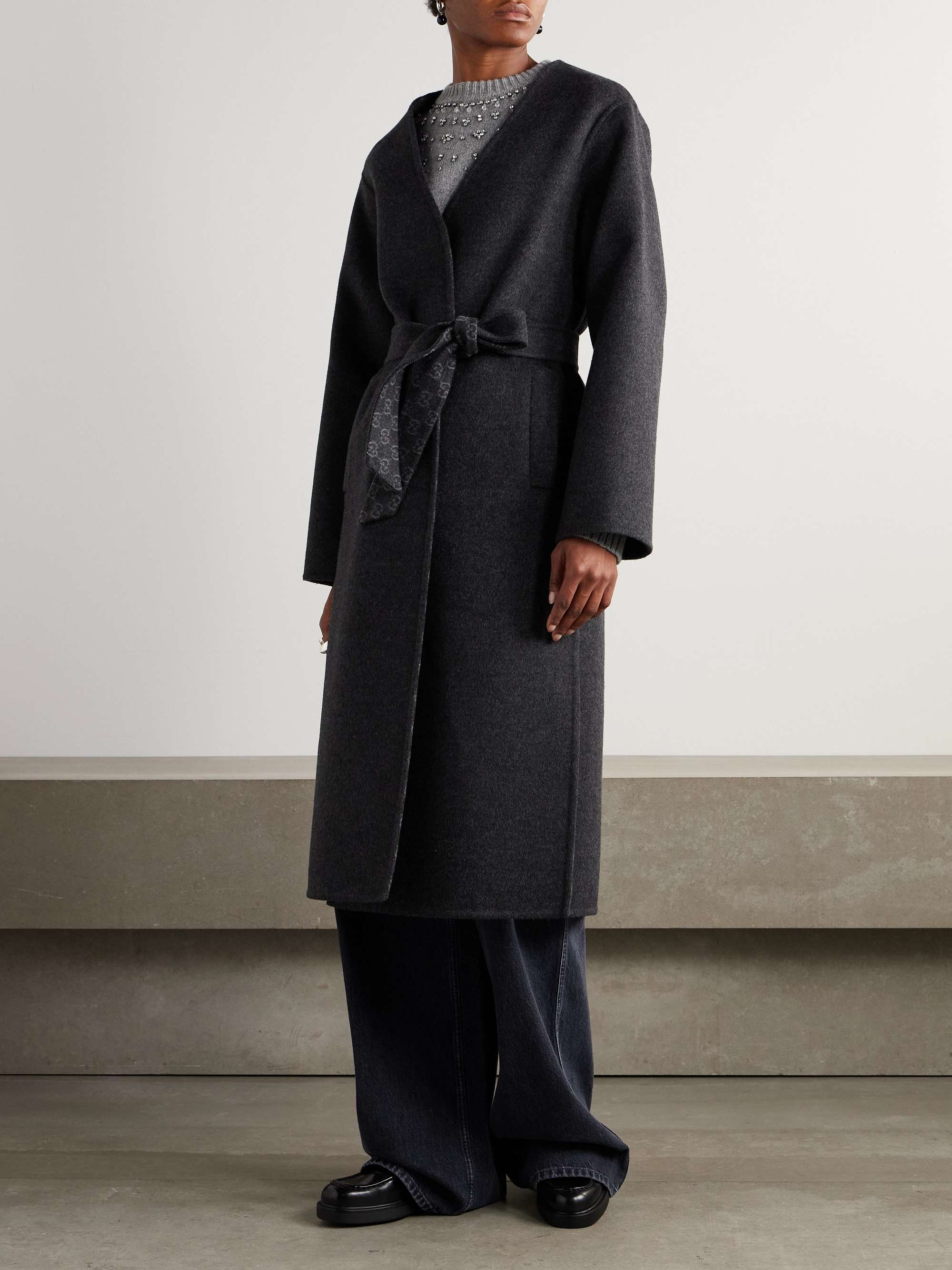 Belted wool and silk-blend coat view