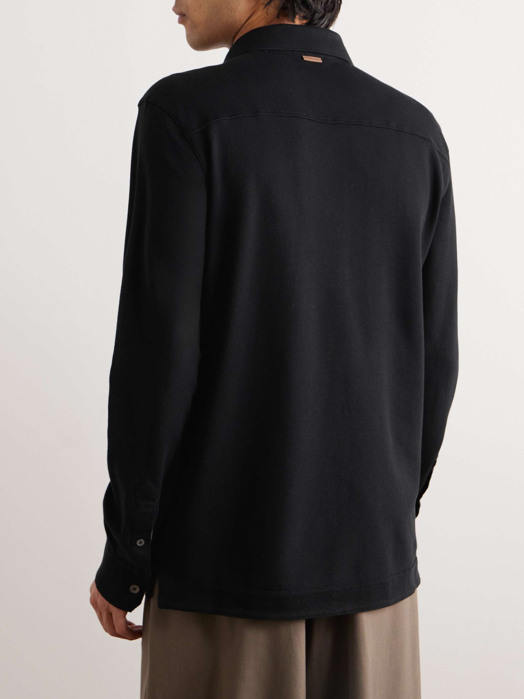 Leather-Trimmed Cotton-Piqué Polo Shirt view