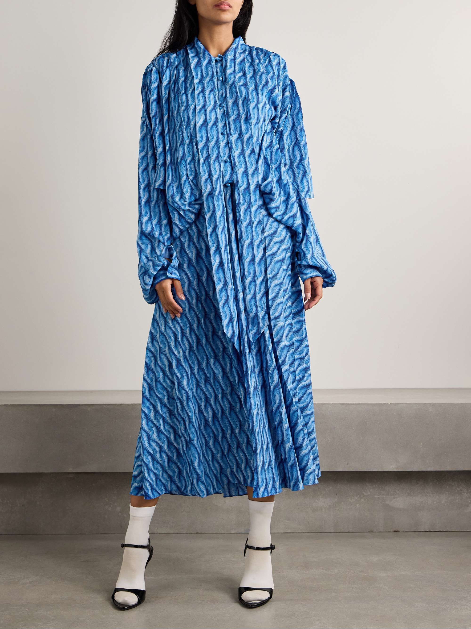 Pussy-bow printed crepe de chine midi shirt dress view