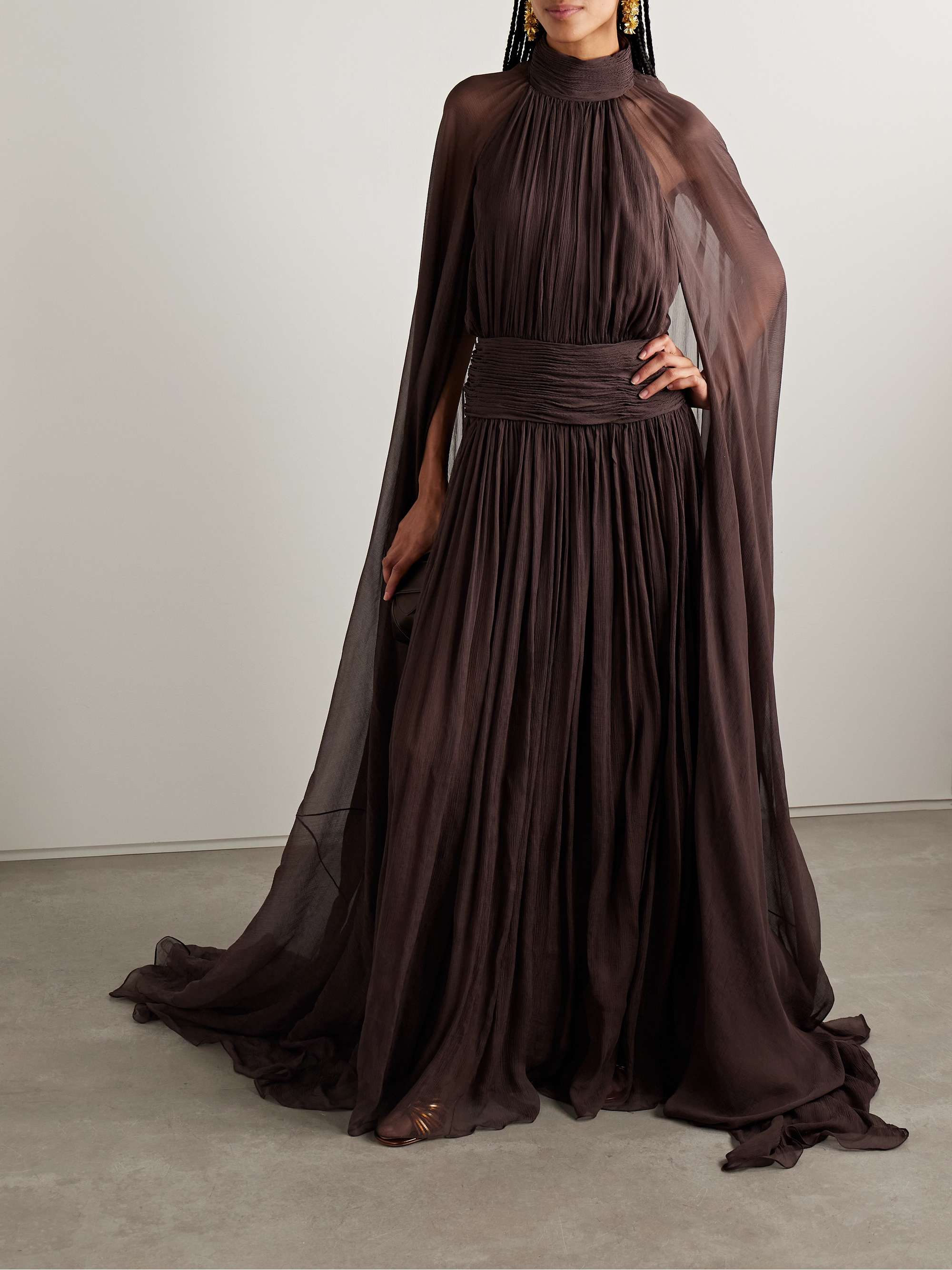 Embellished cape-effect gathered silk-crepon gown view