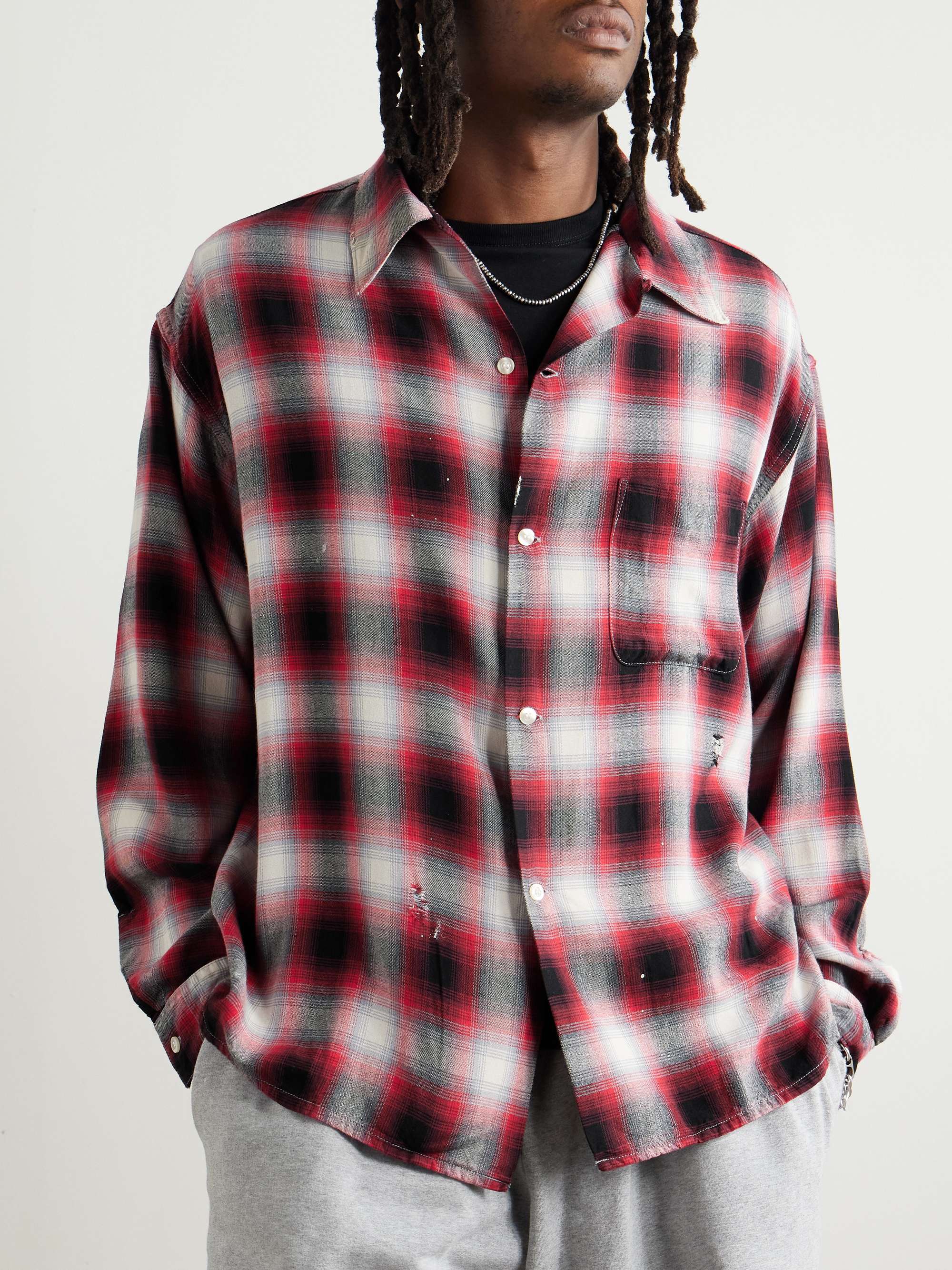 + LASTMAN Convertible-Collar Distressed Paint-Splattered Checked Oxford Shirt view