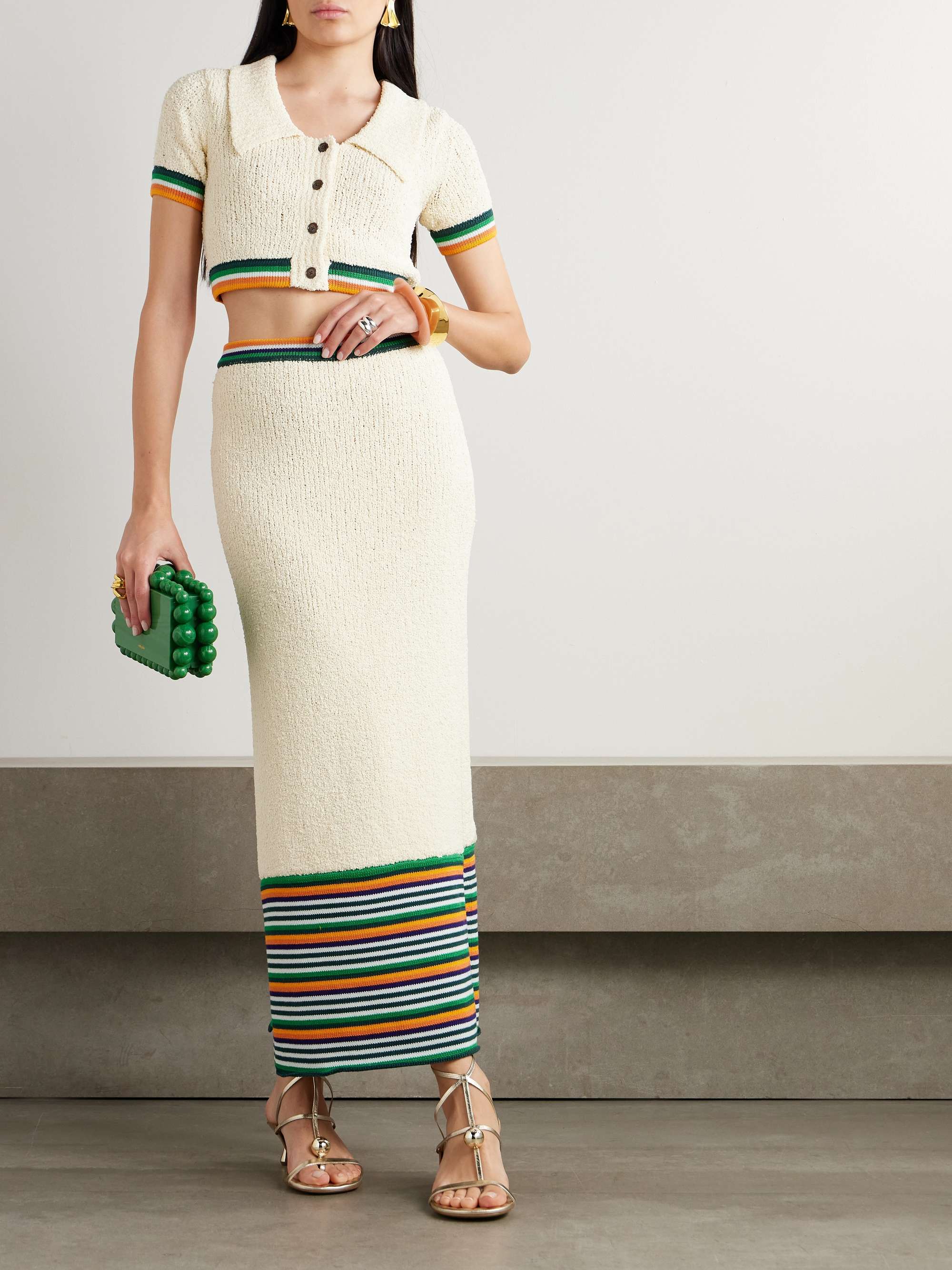 Striped cotton-blend bouclé midi skirt view