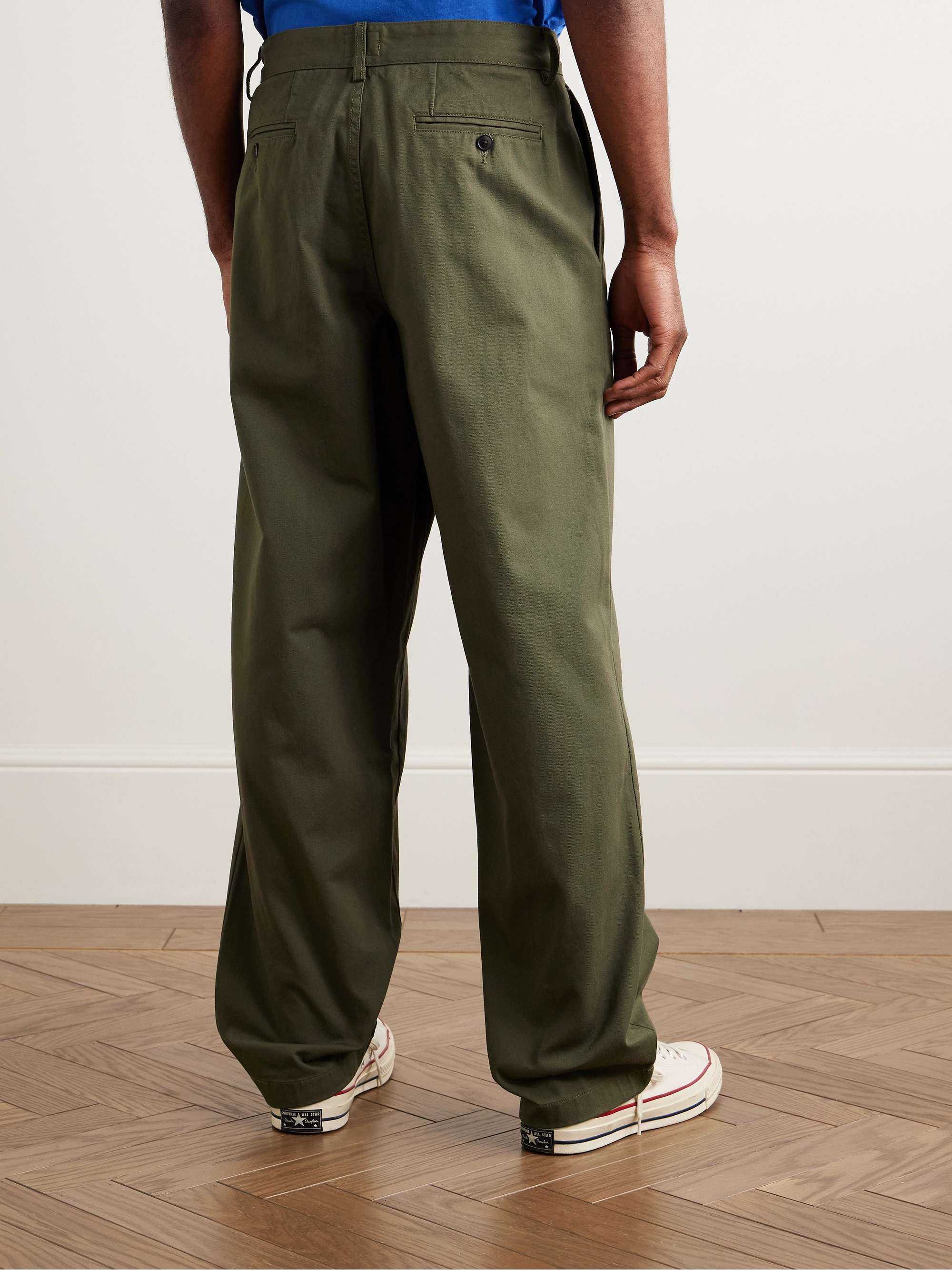 Straight-Leg Pleated Cotton-Twill Trousers view